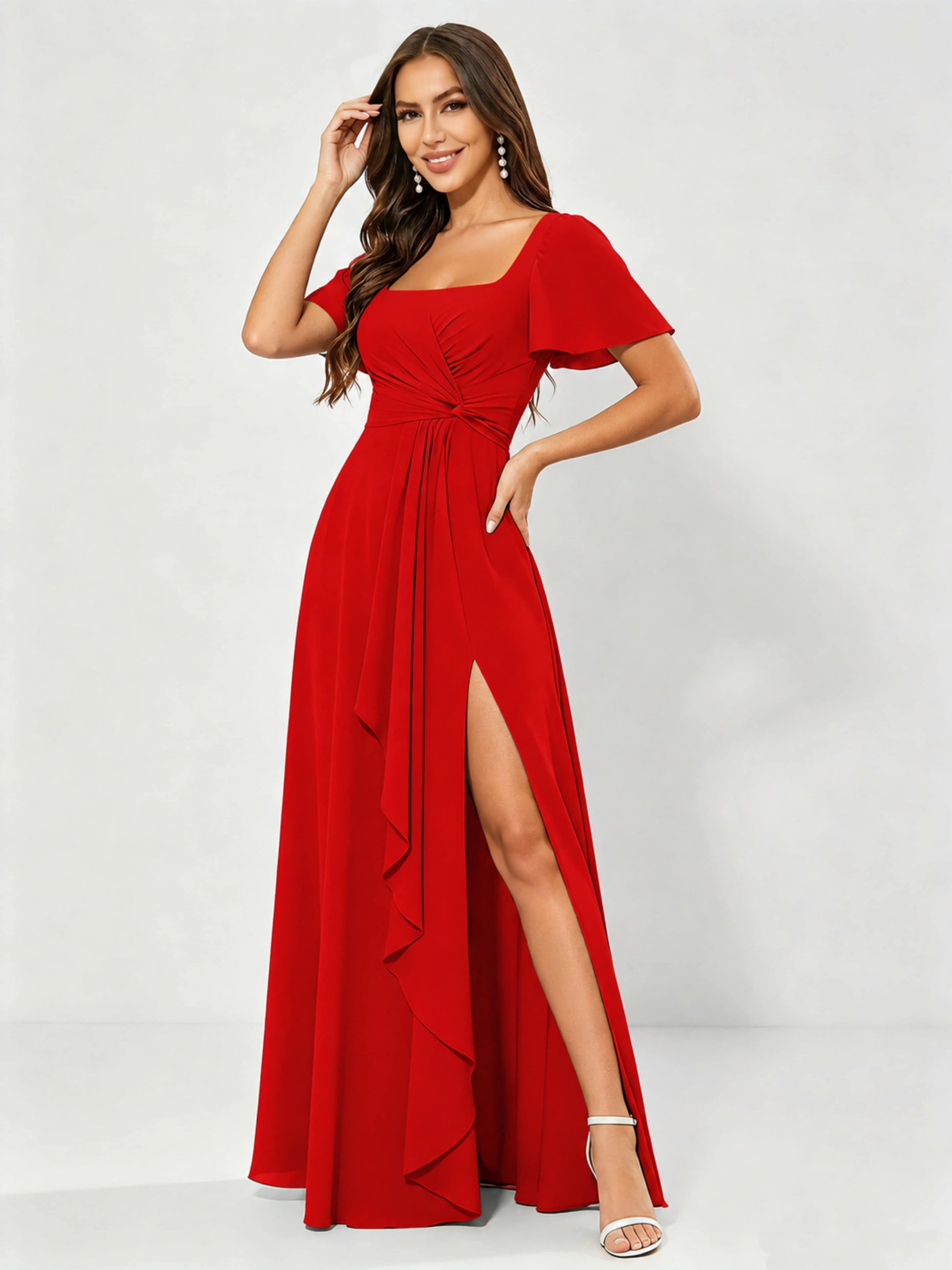 Square Neck Chiffon Ruffle Bridesmaid Dress with Slit