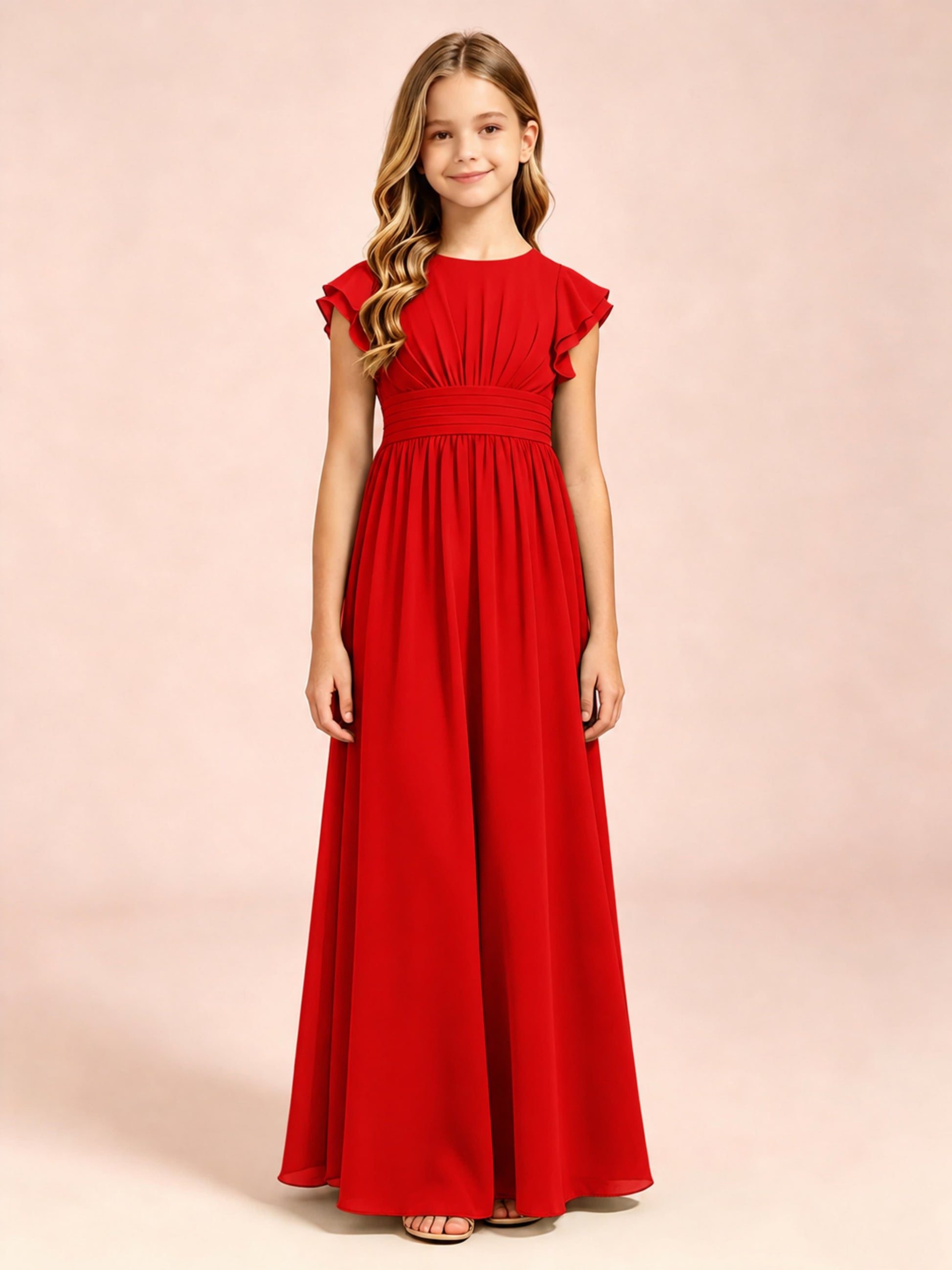 Chiffon Ruffle Cap Sleeve Junior Bridesmaid Dress for Wedding
