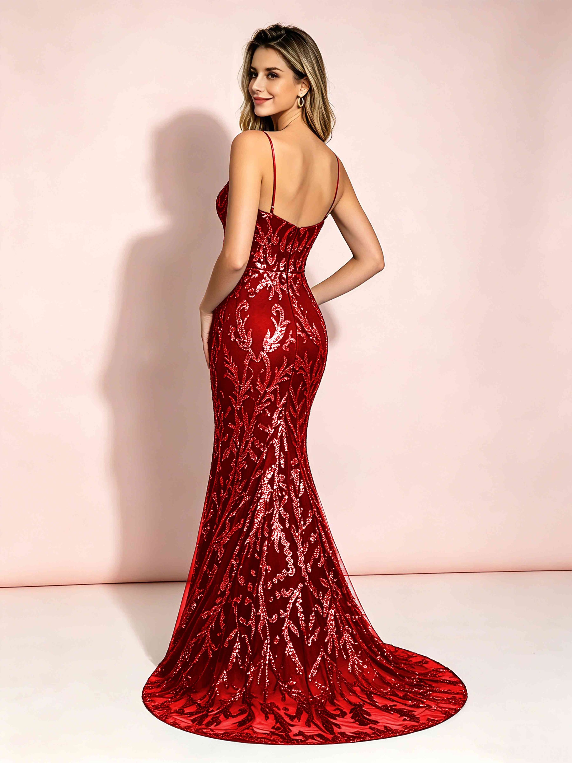 Mermaid V-Neck Sweep Train Sequin Sparkly Prom Dresses with Slit