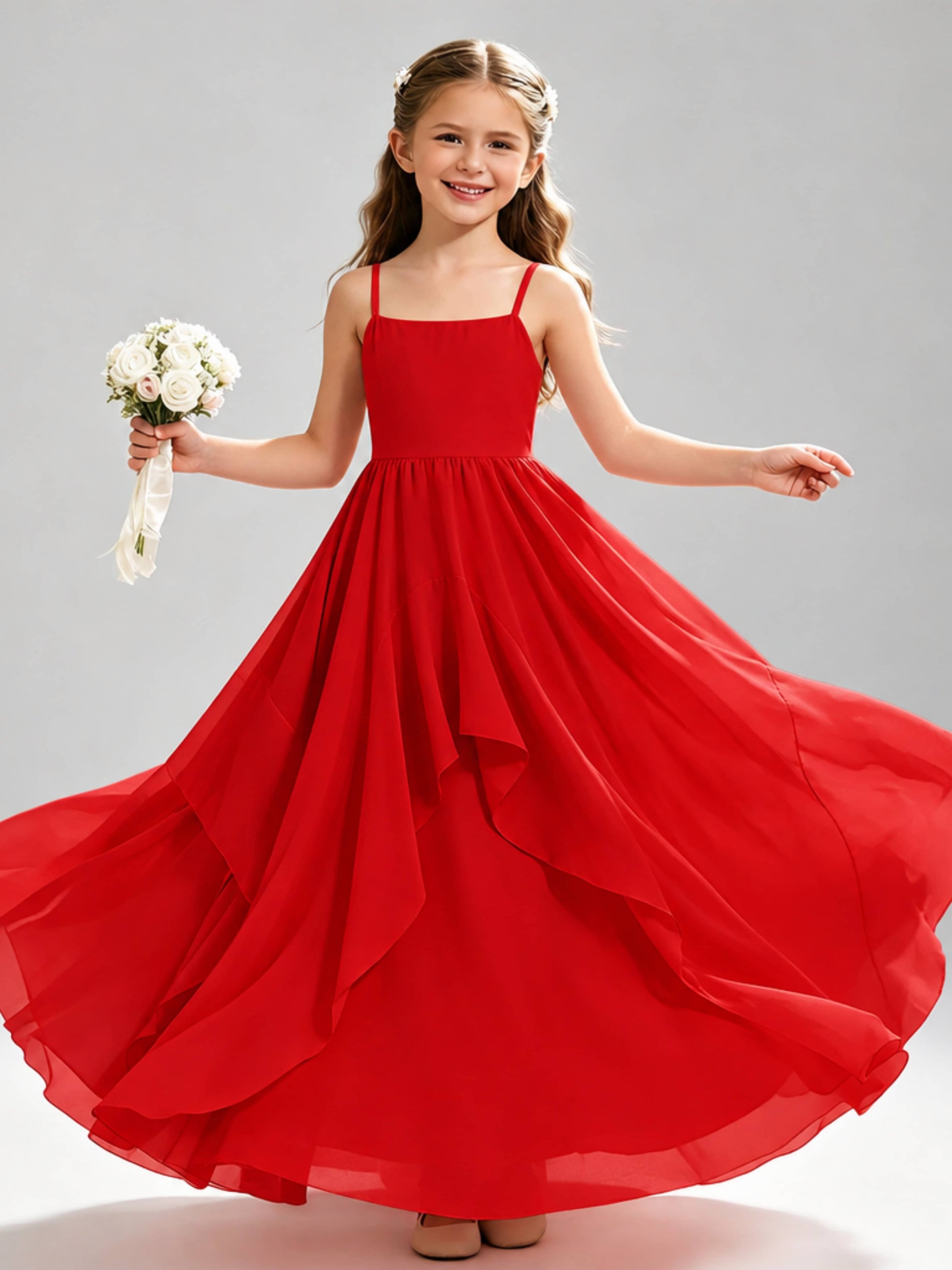 A-Line Spaghetti Straps Ruffle Junior Bridesmaid Dresses