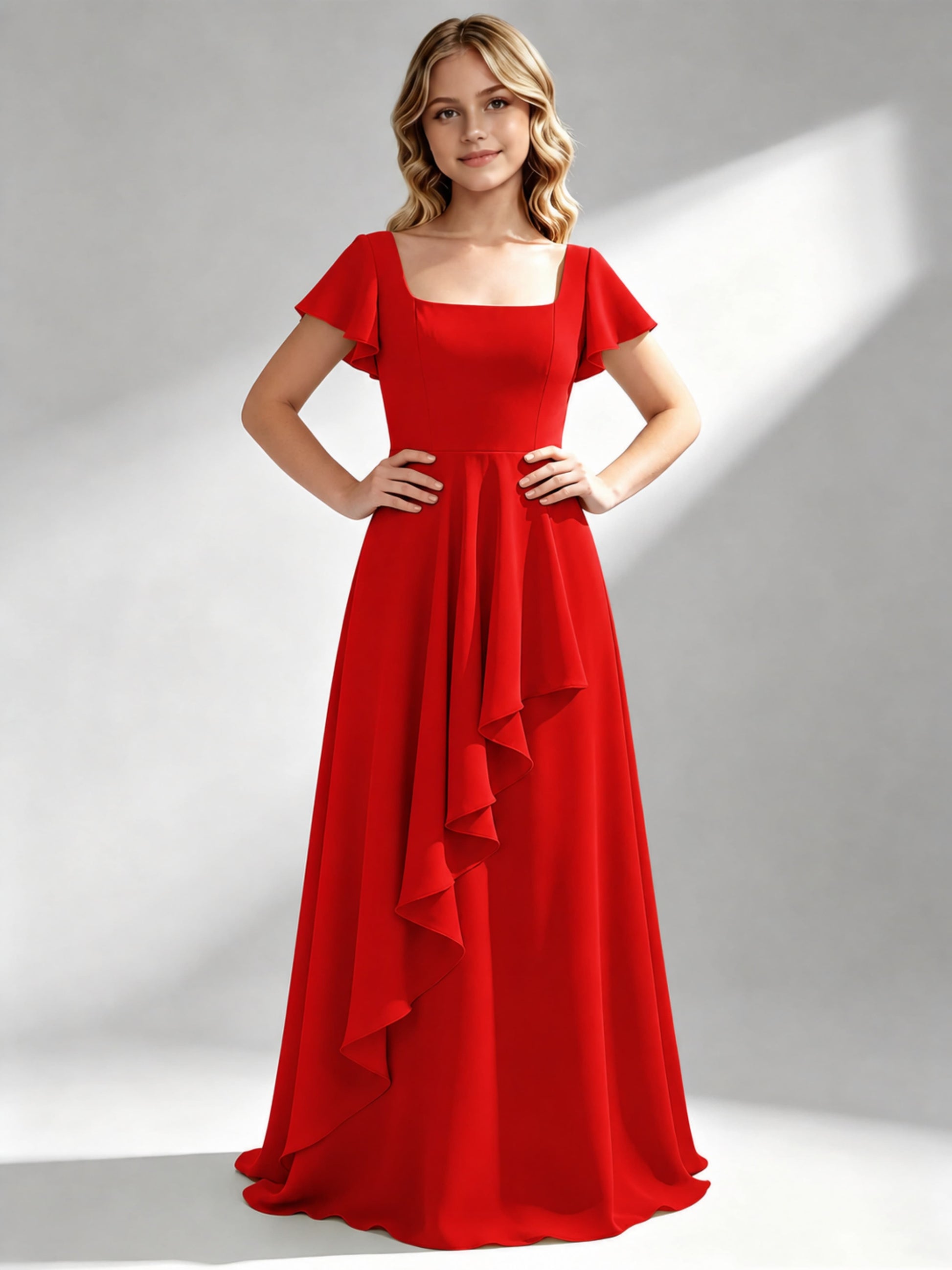 A-Line Square Neck Ruffle Junior Bridesmaid Dresses