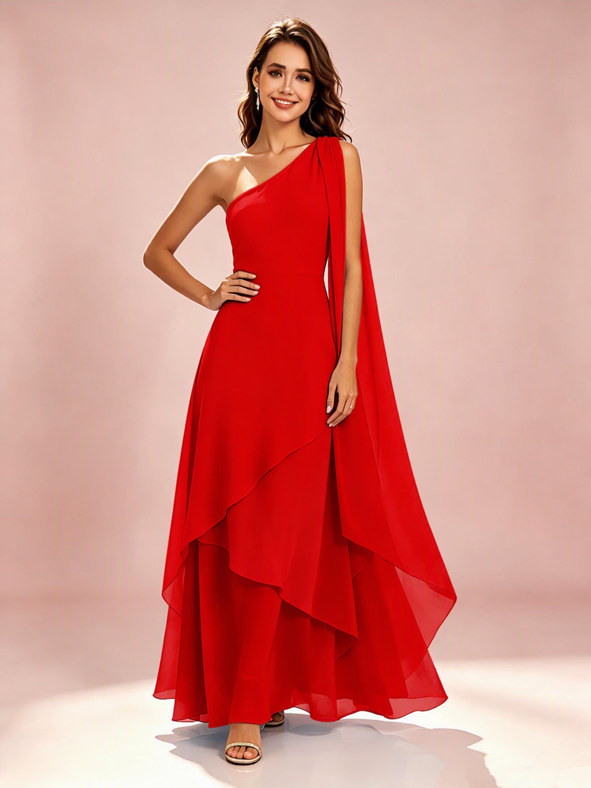 One Shoulder Chiffon Tiered Layered Bridesmaid Dresses for Wedding