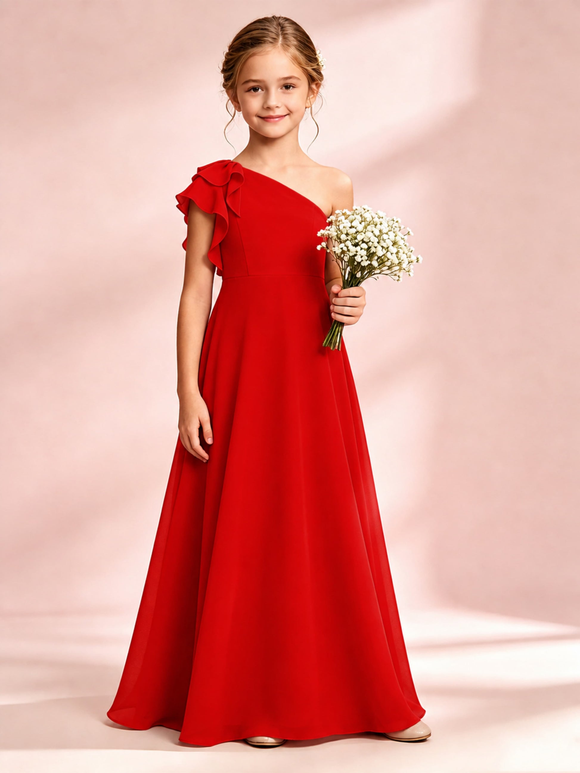 Chiffon Junior Bridesmaid Dress for Wedding One Shoulder Flower Girl Dresses