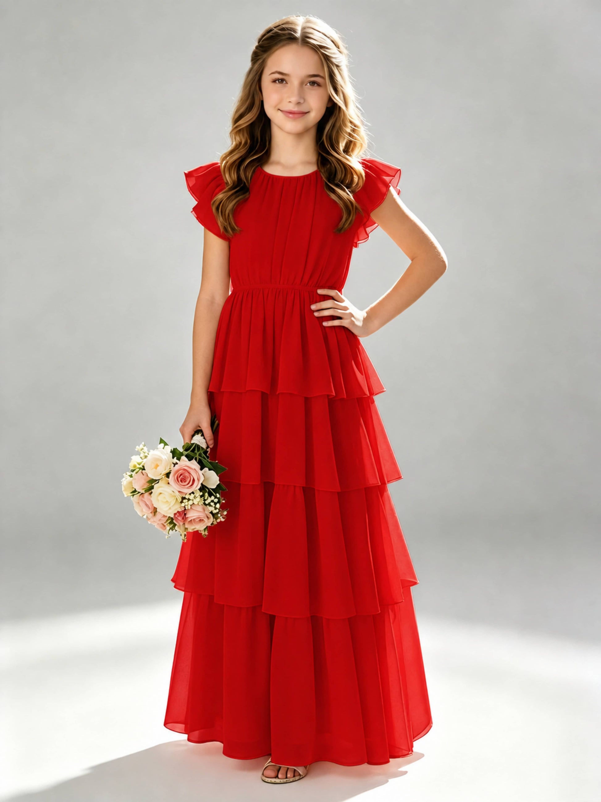 Chiffon Tiered Pleated Long Junior Bridesmaid Dresses
