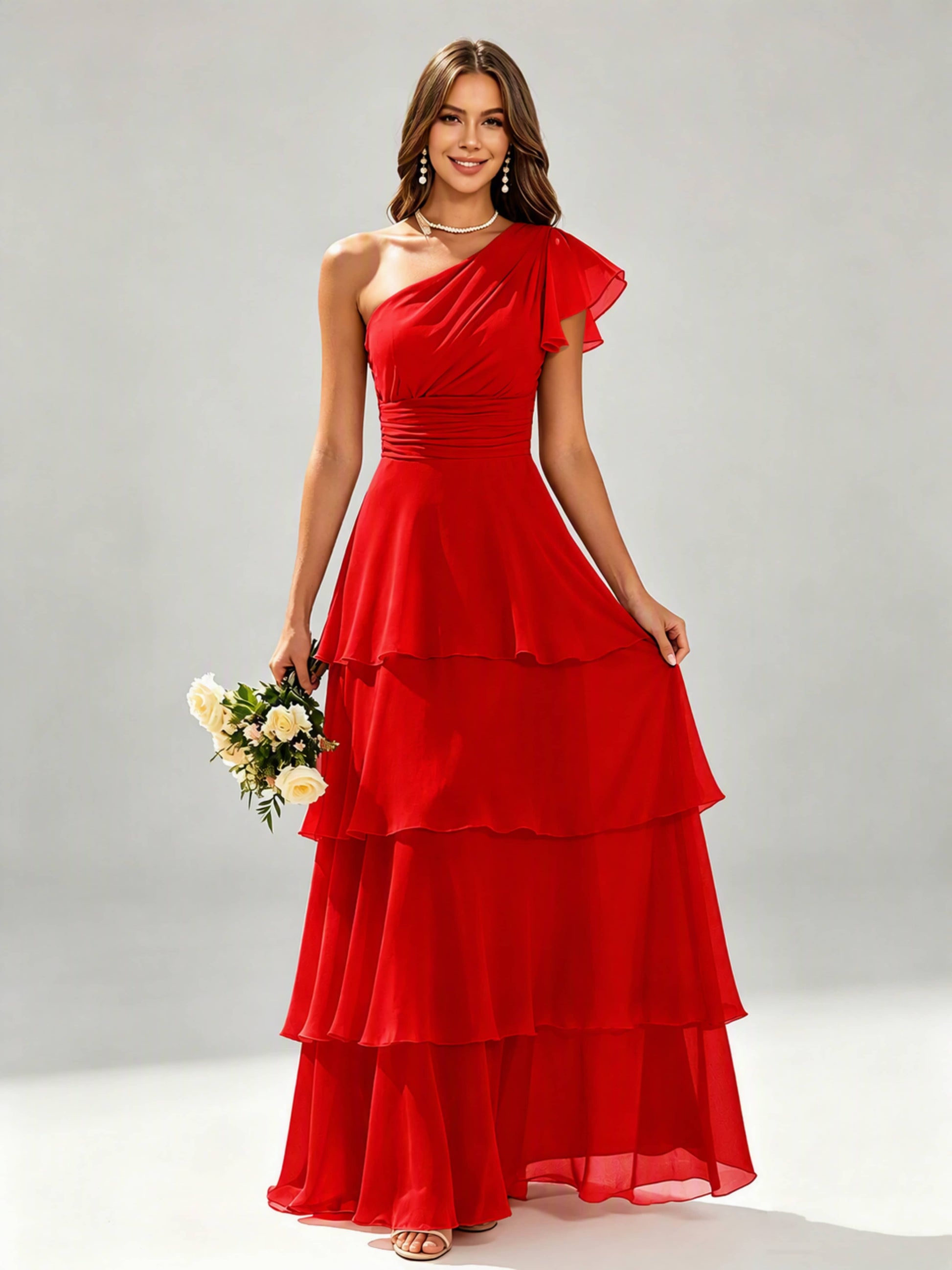 One Shoulder Ruffle Tiered Chiffon Bridesmaid Dress for Wedding
