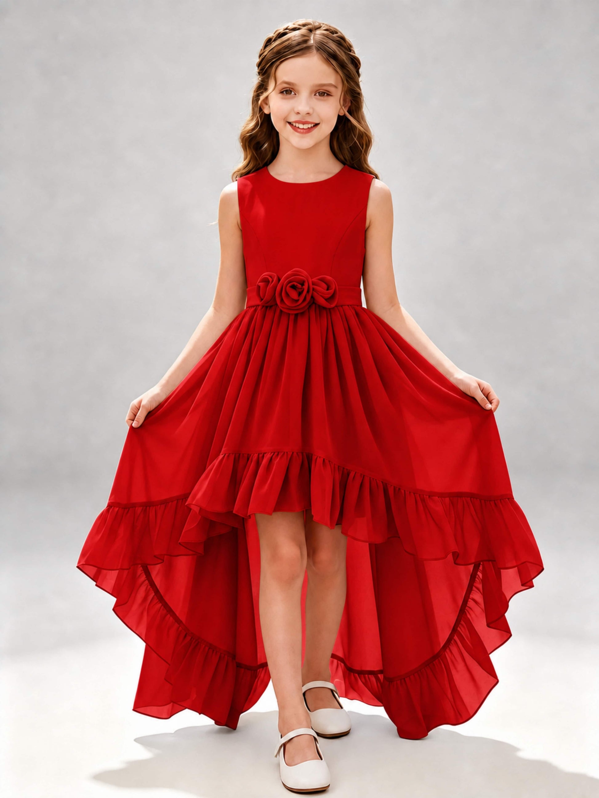 Chiffon 3D Flower High Low Junior Bridesmaid Dresses
