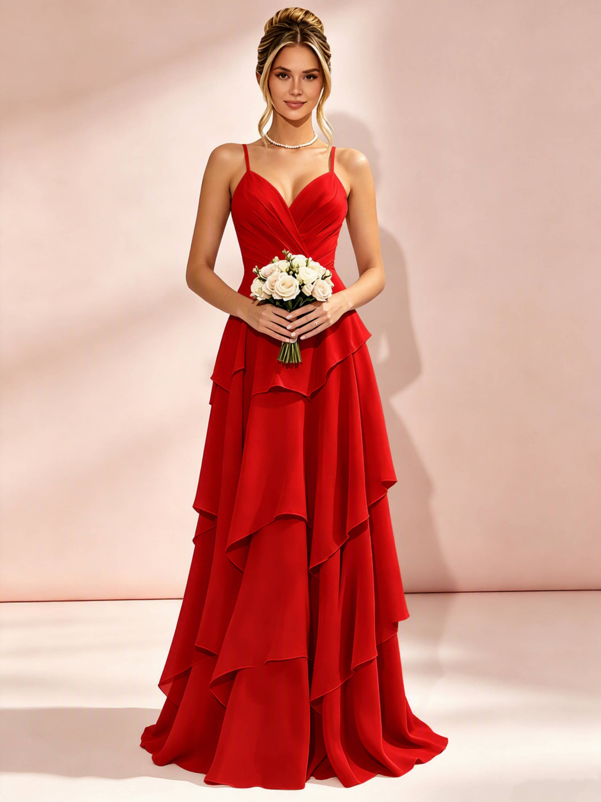 Spaghetti Straps Ruffle Tiered Chiffon Bridesmaid Dress for Wedding