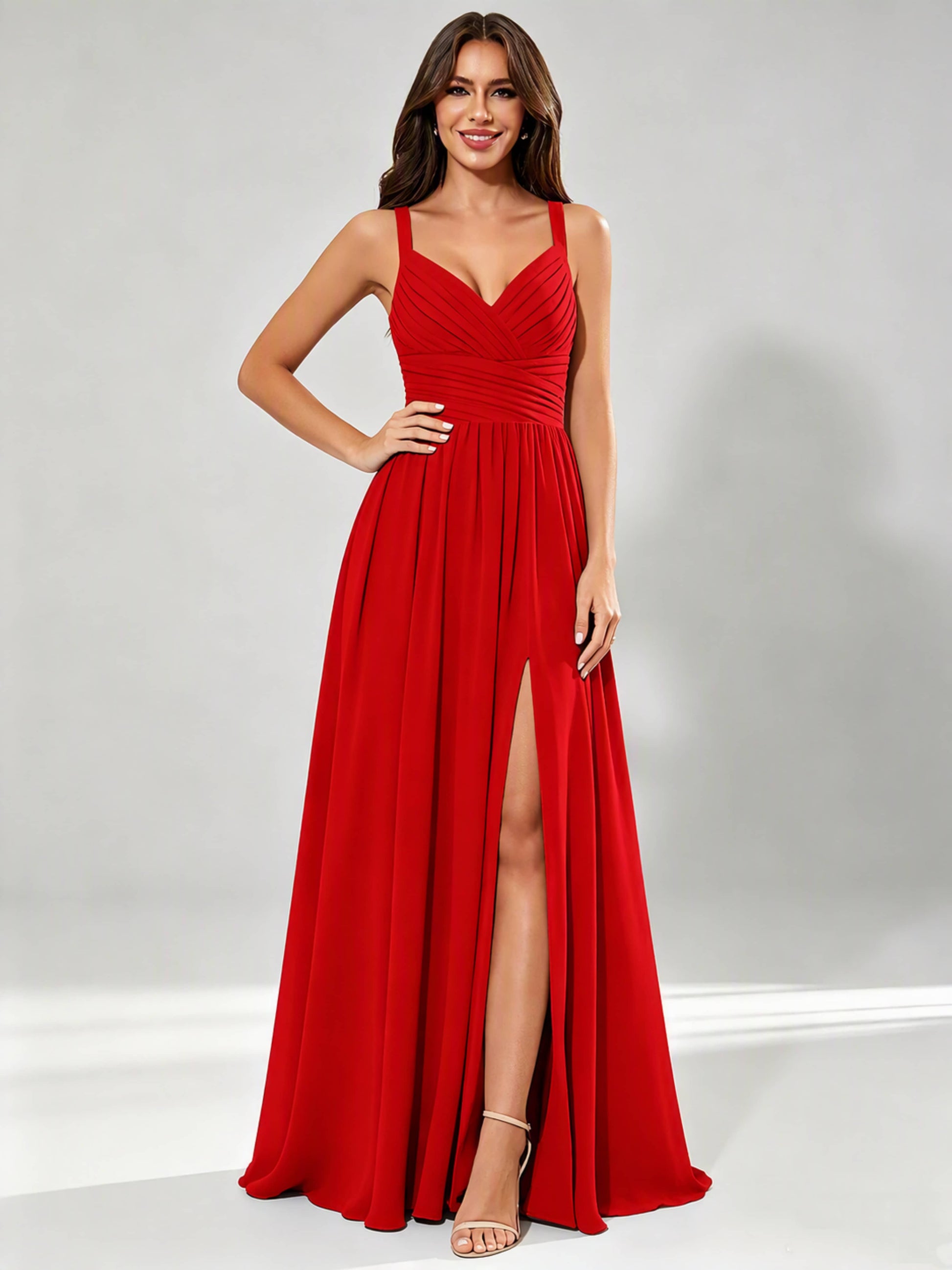 Spaghetti Straps Chiffon Ruched Bust Pleated Bridesmaid Dress for Wedding
