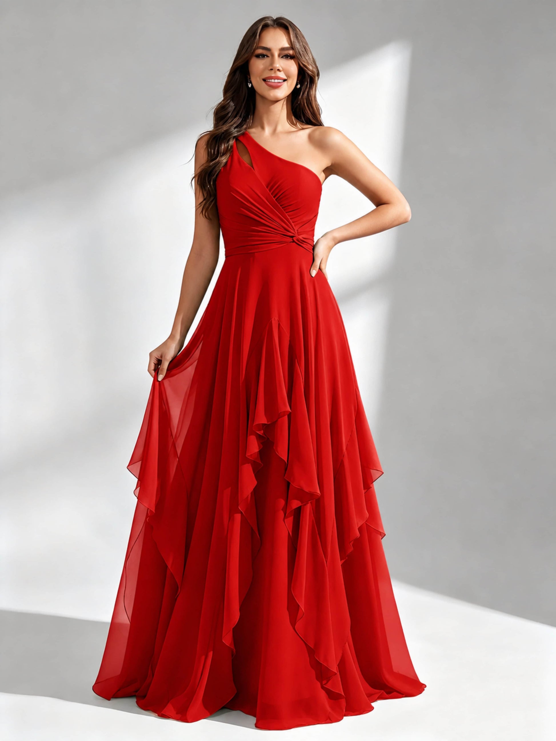 One Shoulder Ruffle Bridesmaid Dresses Formal Evening Gown