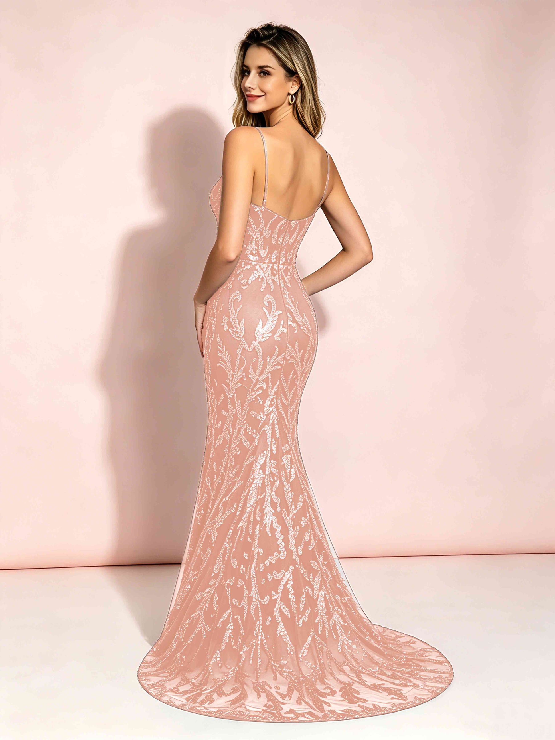 Mermaid V-Neck Sweep Train Sequin Sparkly Prom Dresses with Slit