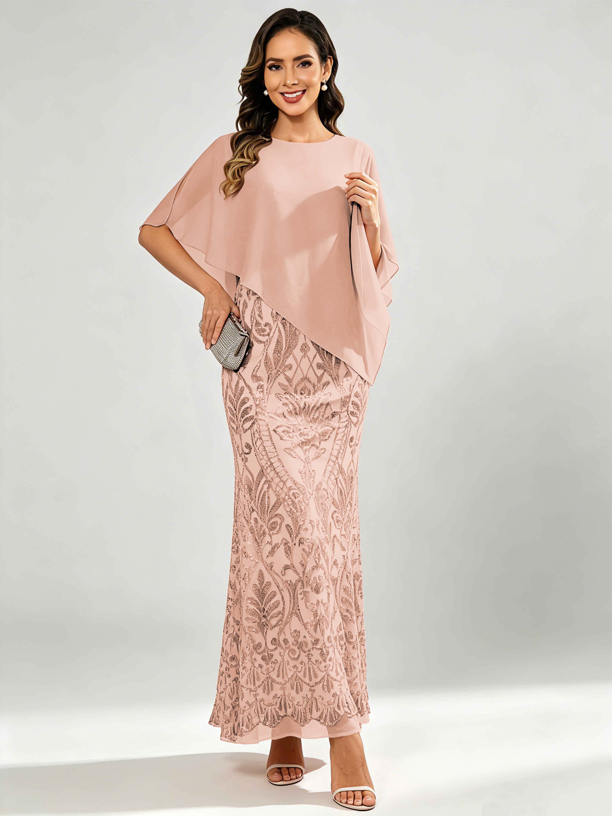 Mermaid Sequin Mother of The Bride Dress with Chiffon Cape