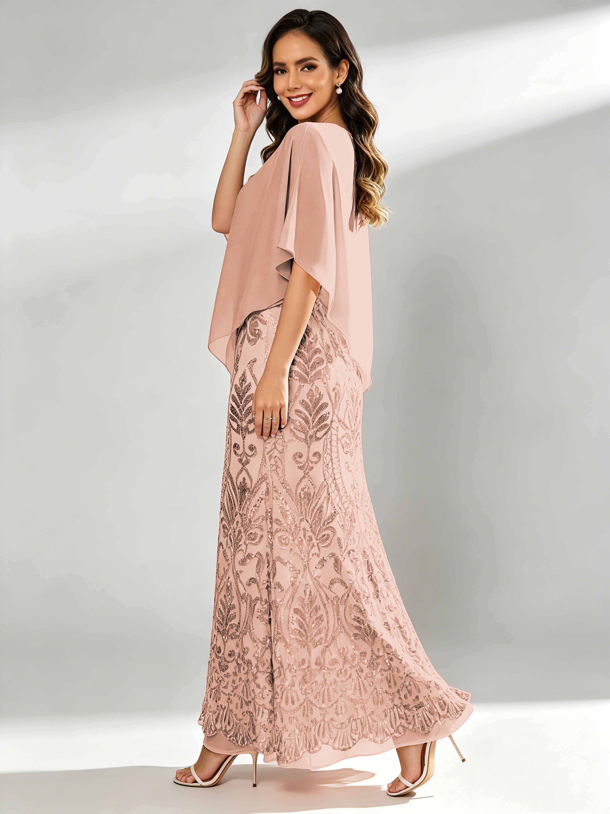 Mermaid Sequin Mother of The Bride Dress with Chiffon Cape