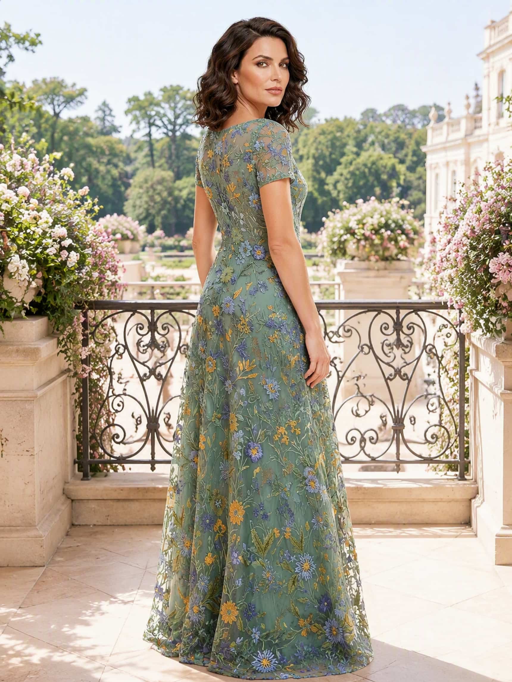 Embroidery Short Sleeve Elegant Floor Length Formal Party Dress
