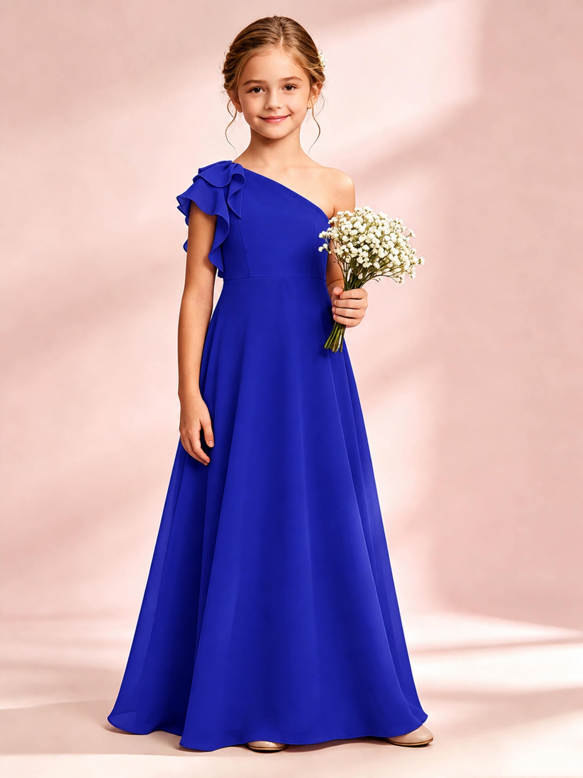 Chiffon Junior Bridesmaid Dress for Wedding One Shoulder Flower Girl Dresses