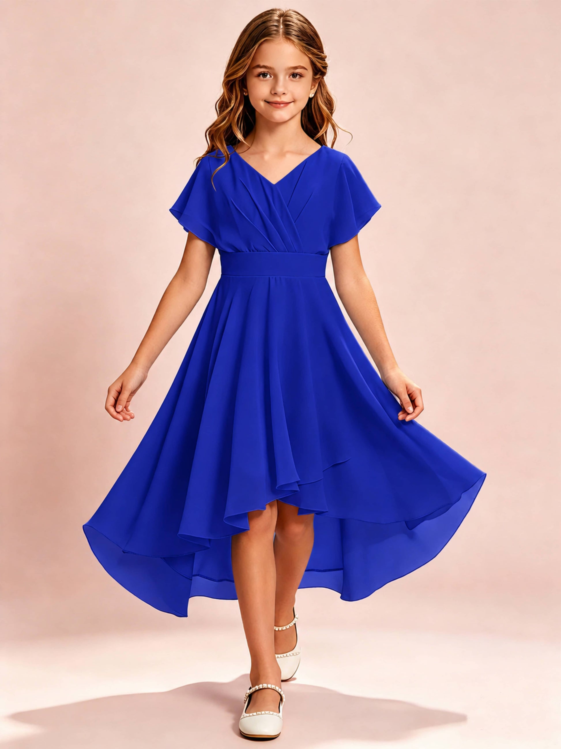 Chiffon High Low Cap Sleeve Junior Bridesmaid Dress for Wedding
