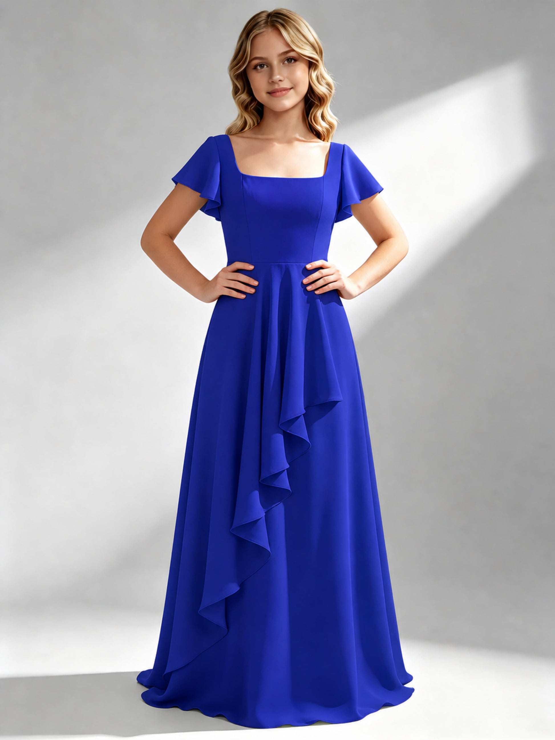 A-Line Square Neck Ruffle Junior Bridesmaid Dresses