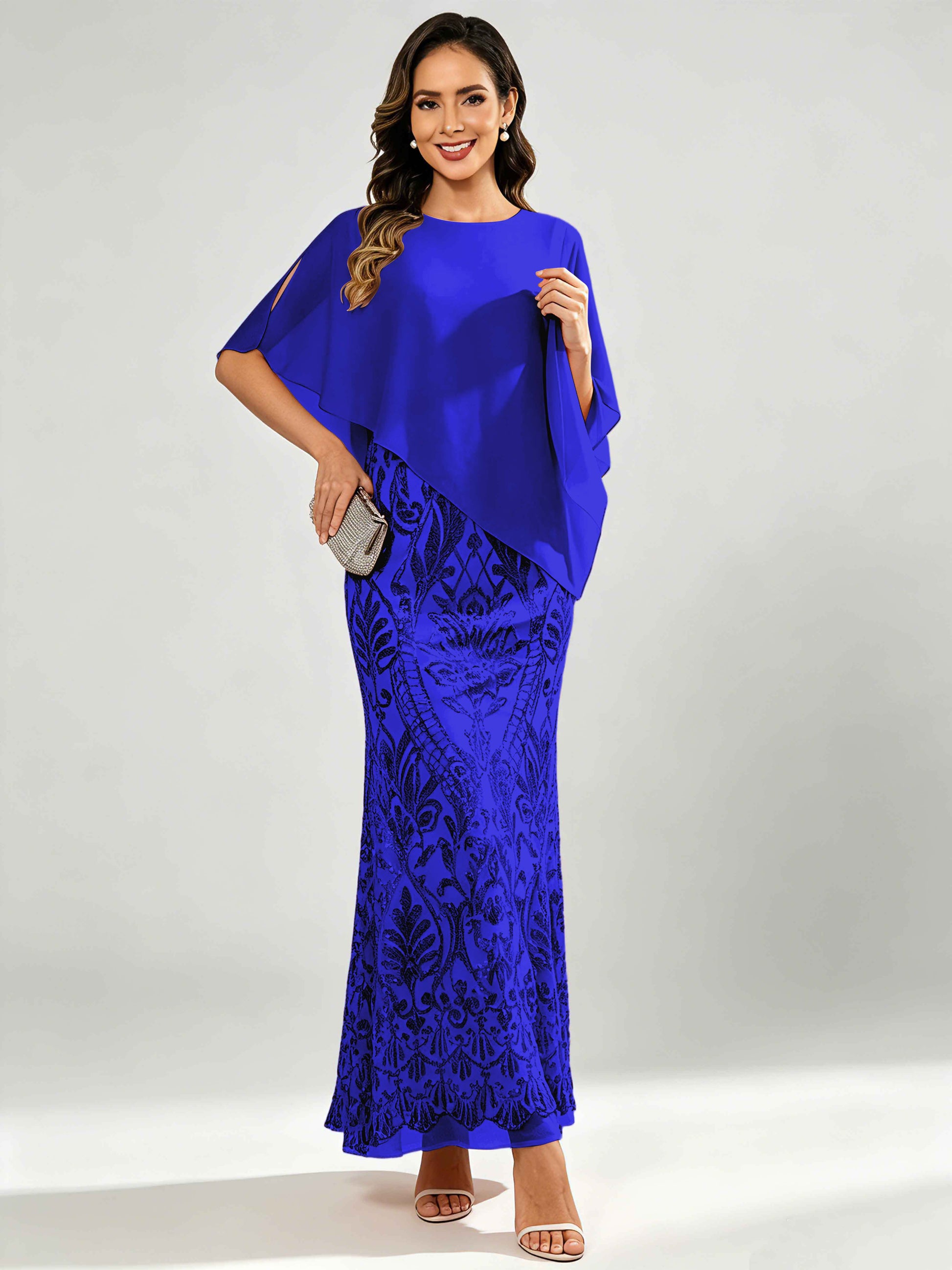 Mermaid Sequin Mother of The Bride Dress with Chiffon Cape