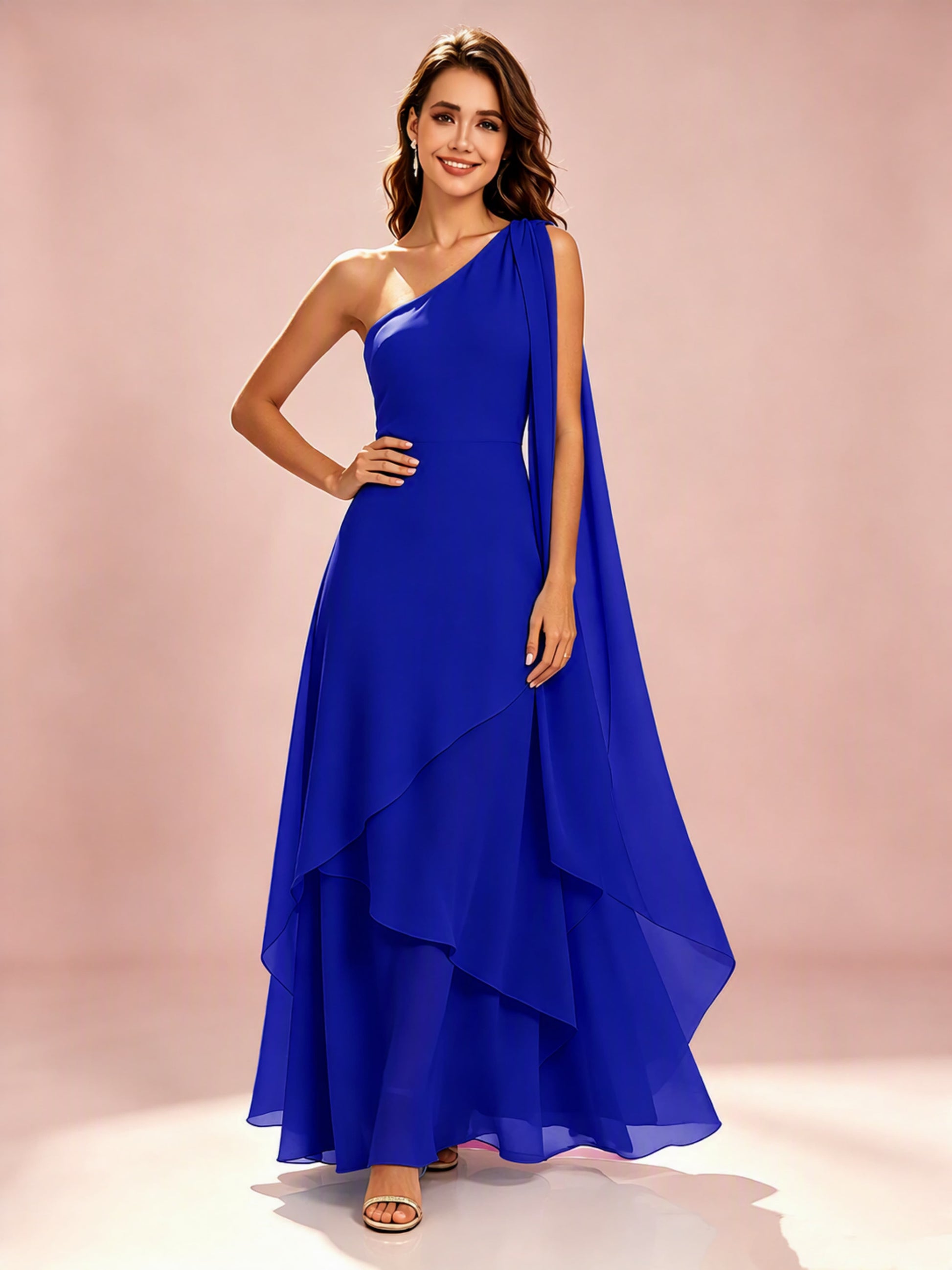 One Shoulder Chiffon Tiered Layered Bridesmaid Dresses for Wedding