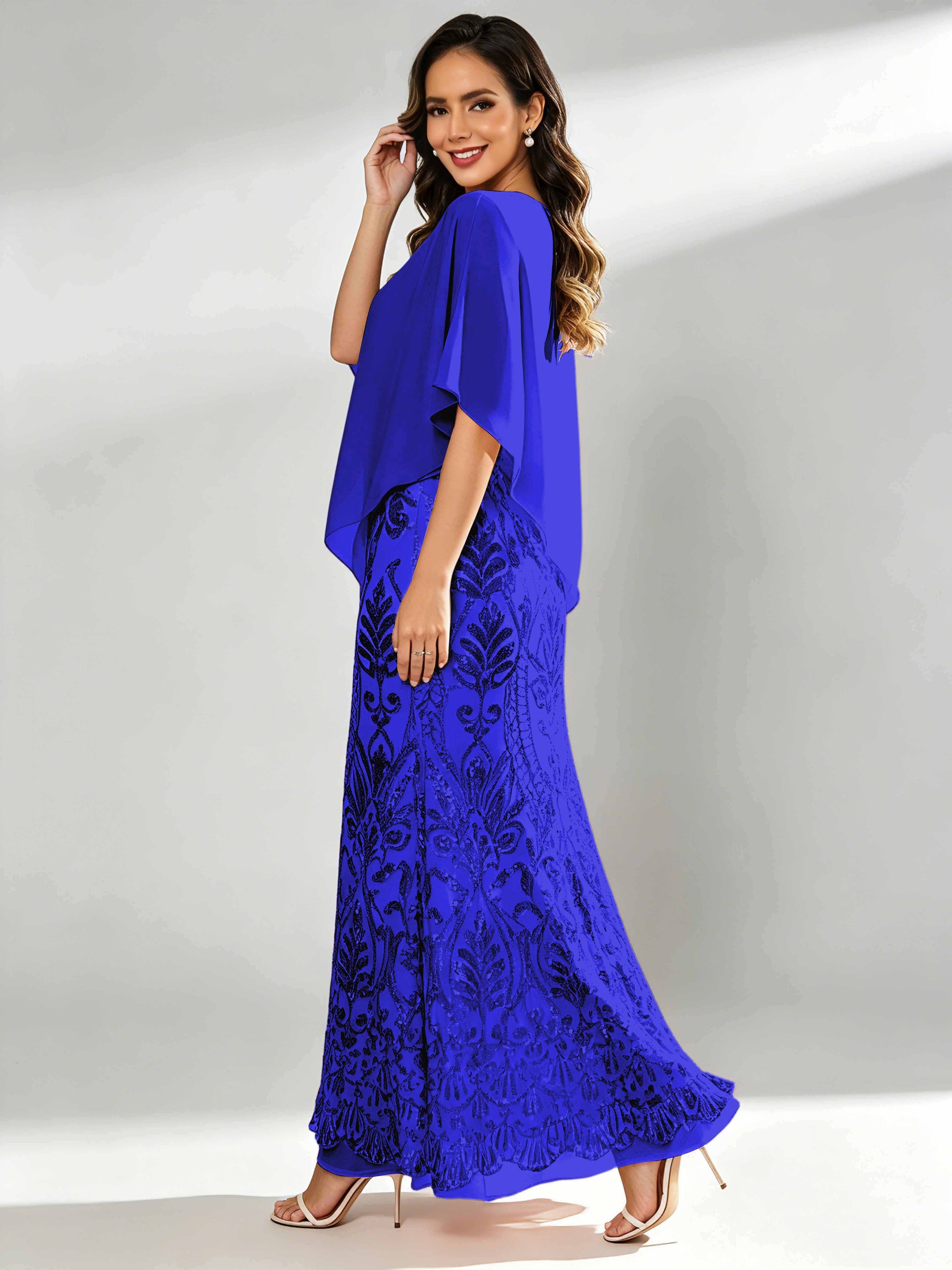 Mermaid Sequin Mother of The Bride Dress with Chiffon Cape