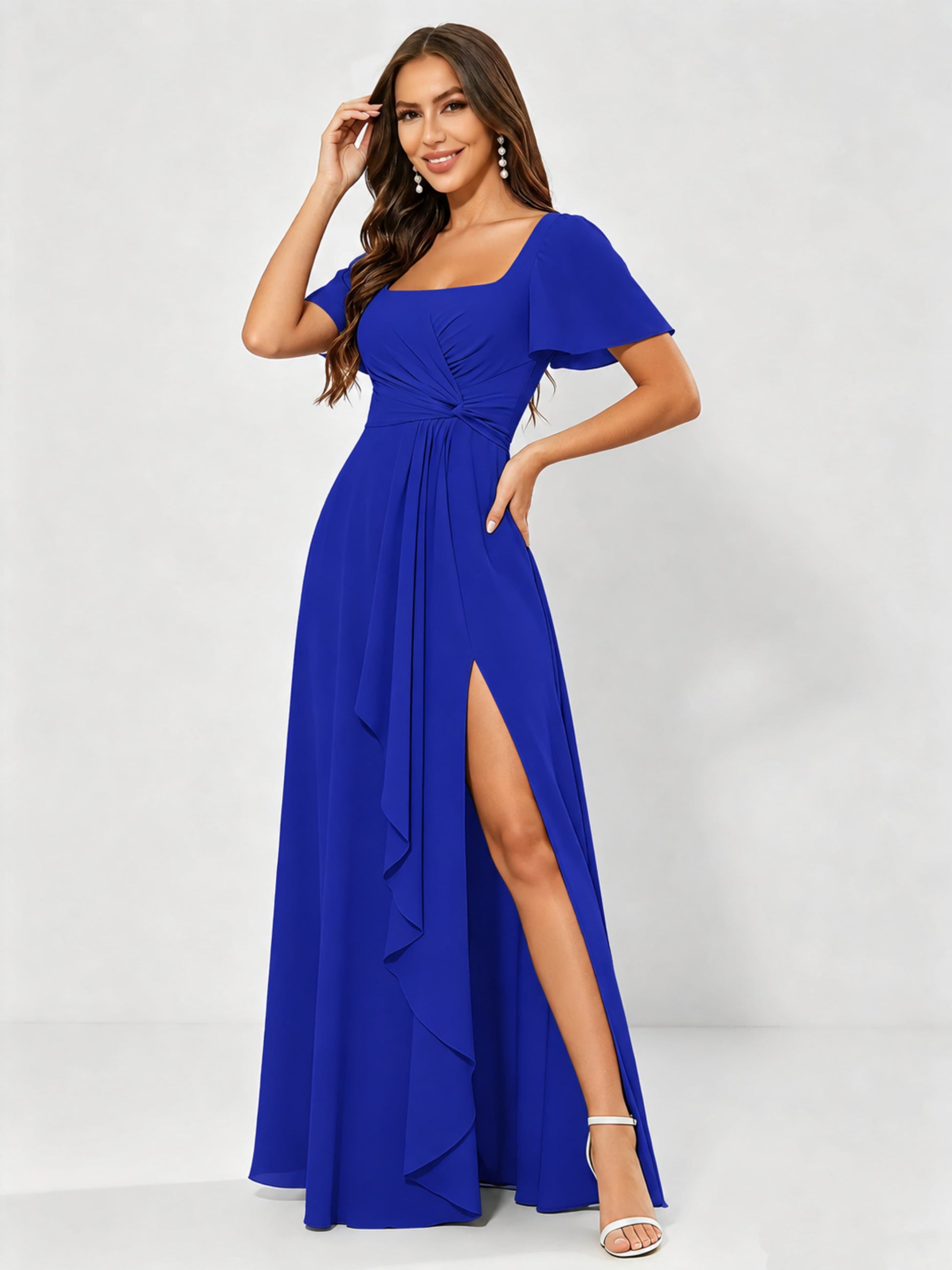 Square Neck Chiffon Ruffle Bridesmaid Dress with Slit