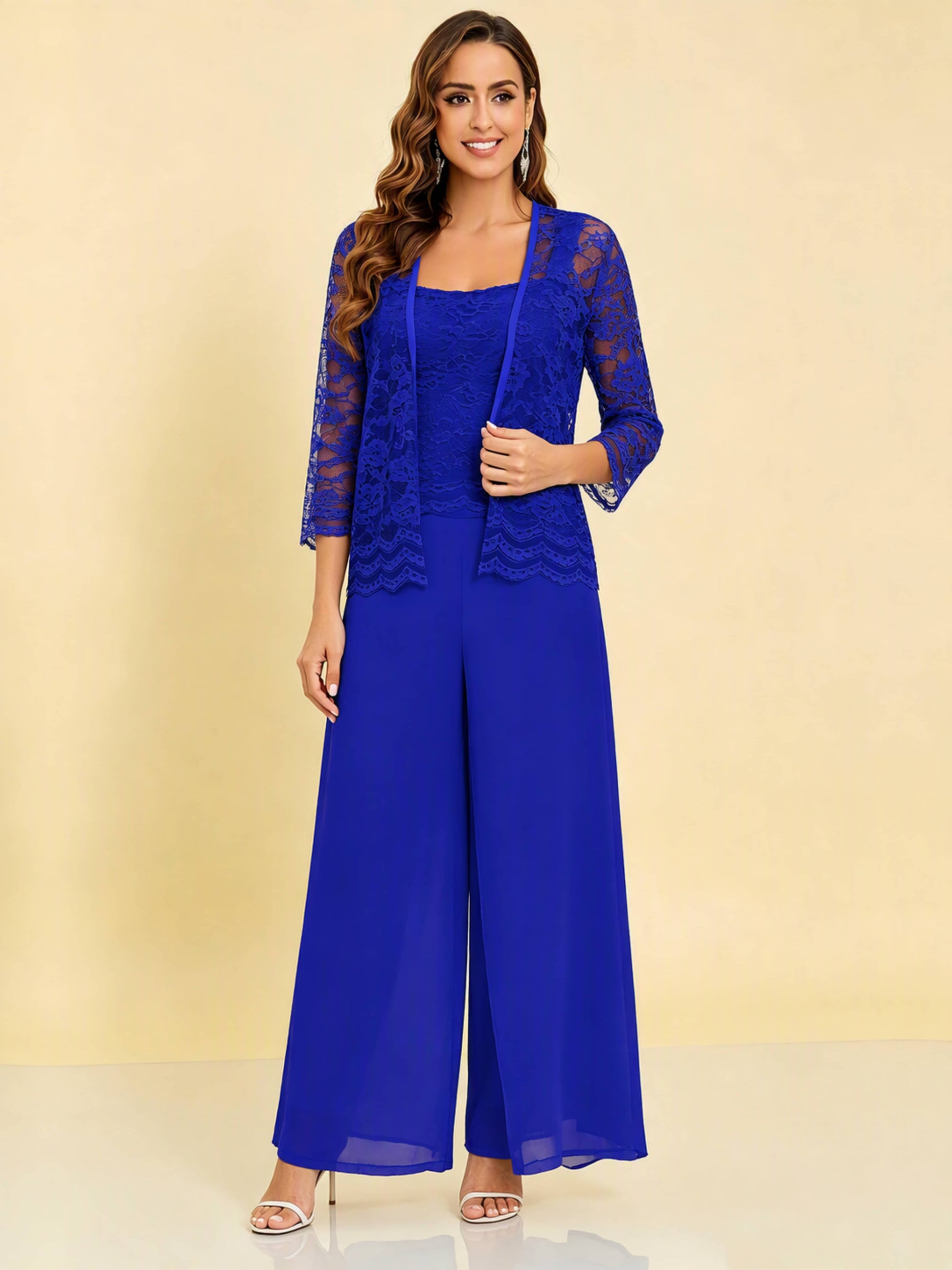 Chiffon Lace Flowy 3 Pieces Mother of The Bride Pant Suits Women Wedding