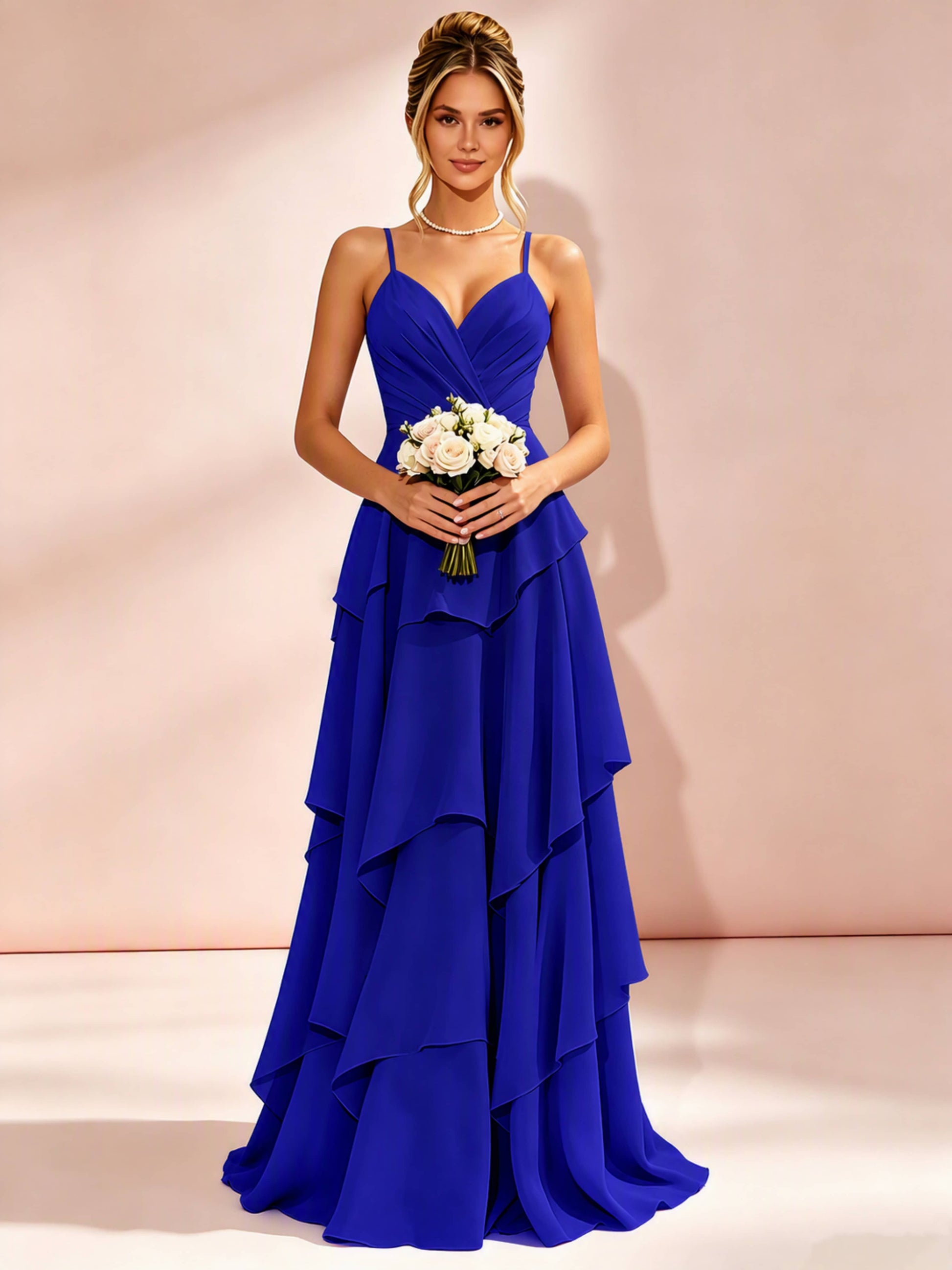 Spaghetti Straps Ruffle Tiered Chiffon Bridesmaid Dress for Wedding