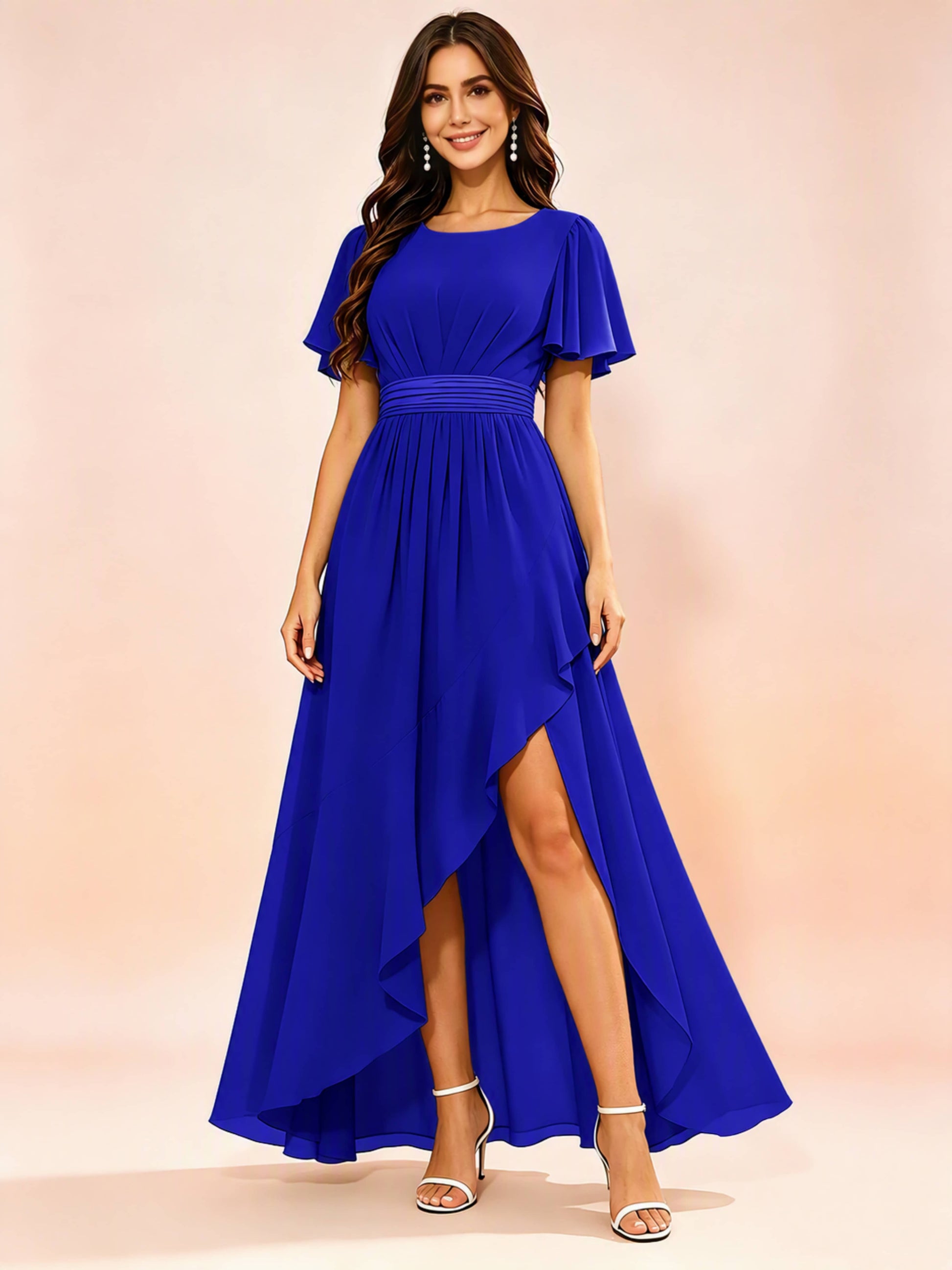 Chiffon High Low Round Neck Bridesmaid / Wedding Guest Dresses
