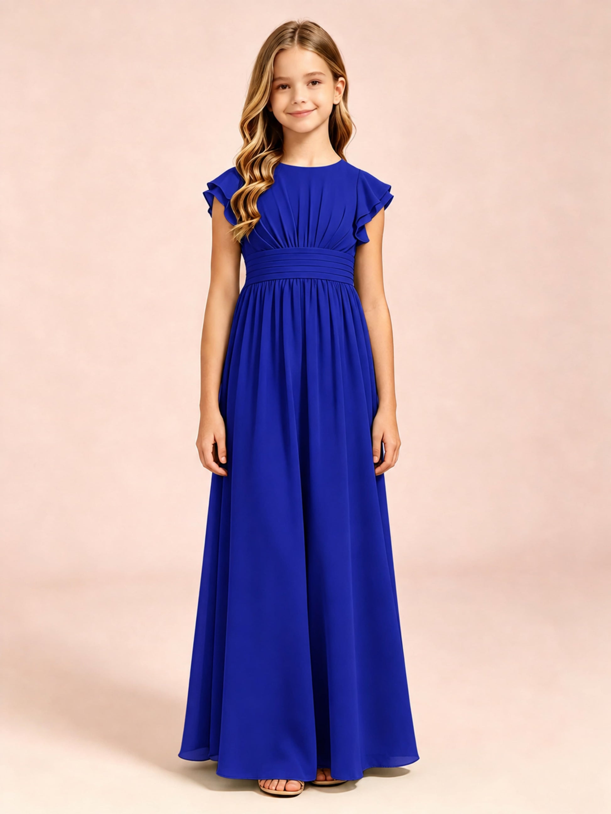 Chiffon Ruffle Cap Sleeve Junior Bridesmaid Dress for Wedding