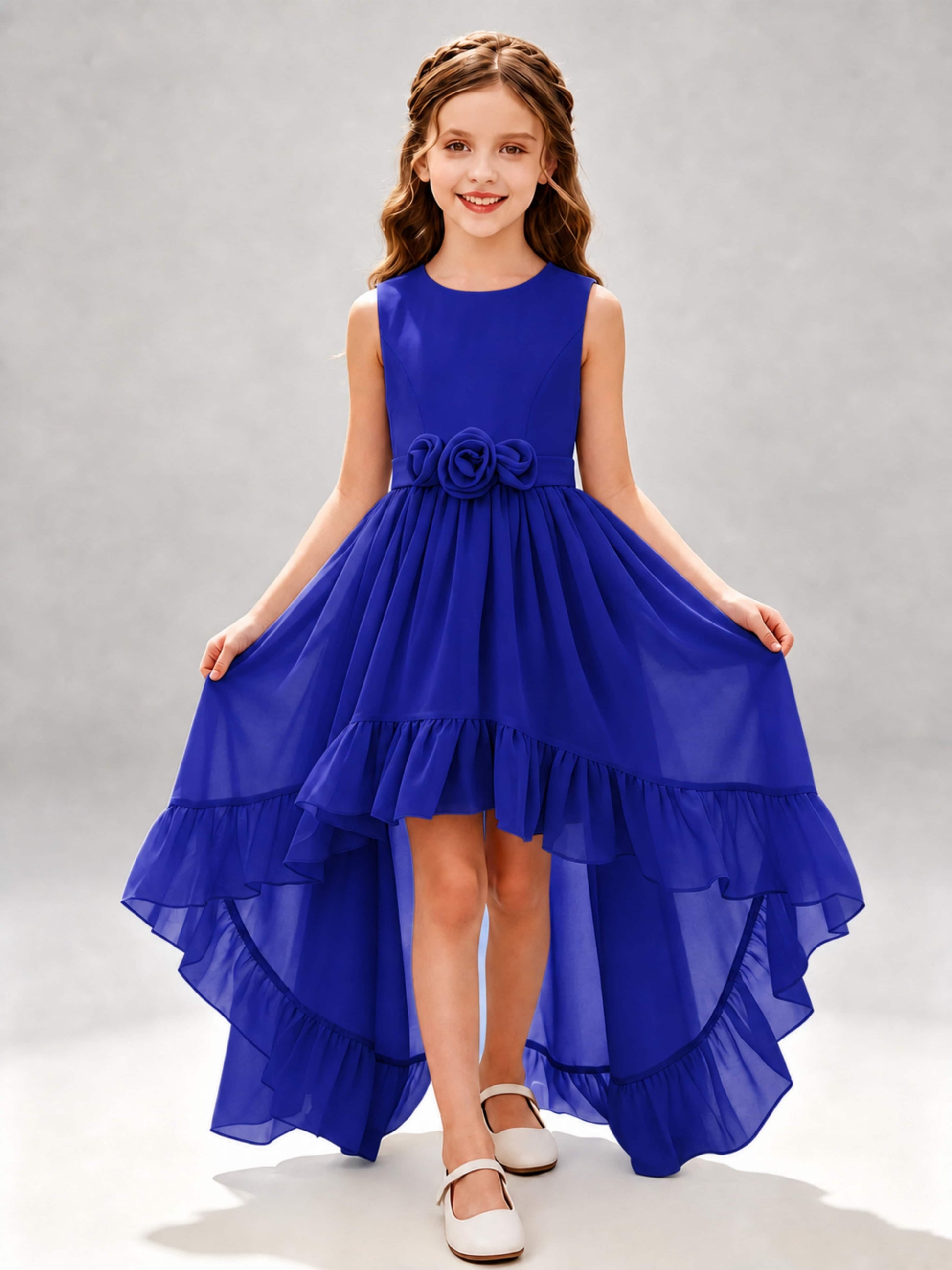 Chiffon 3D Flower High Low Junior Bridesmaid Dresses