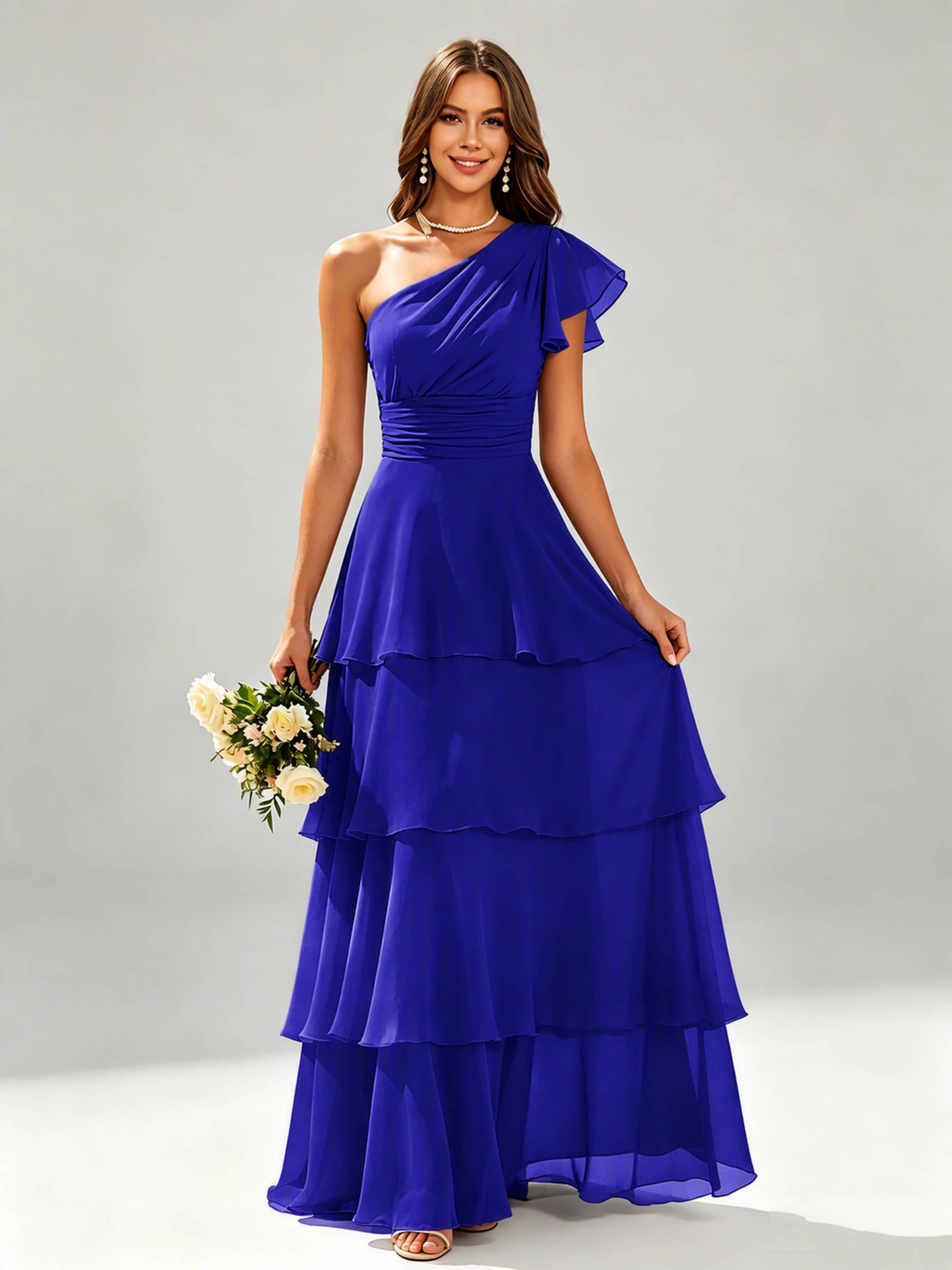 One Shoulder Ruffle Tiered Chiffon Bridesmaid Dress for Wedding