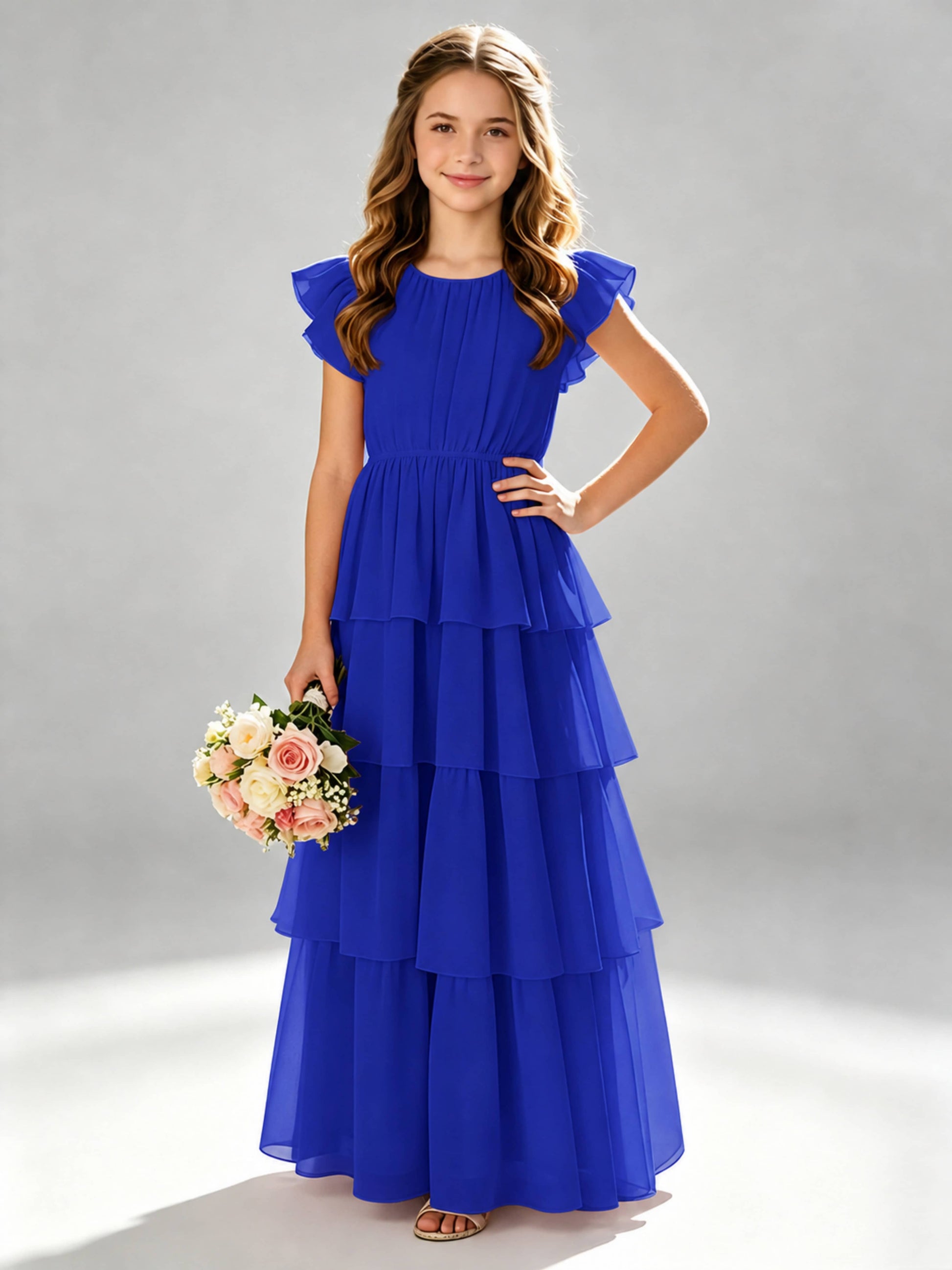 Chiffon Tiered Pleated Long Junior Bridesmaid Dresses