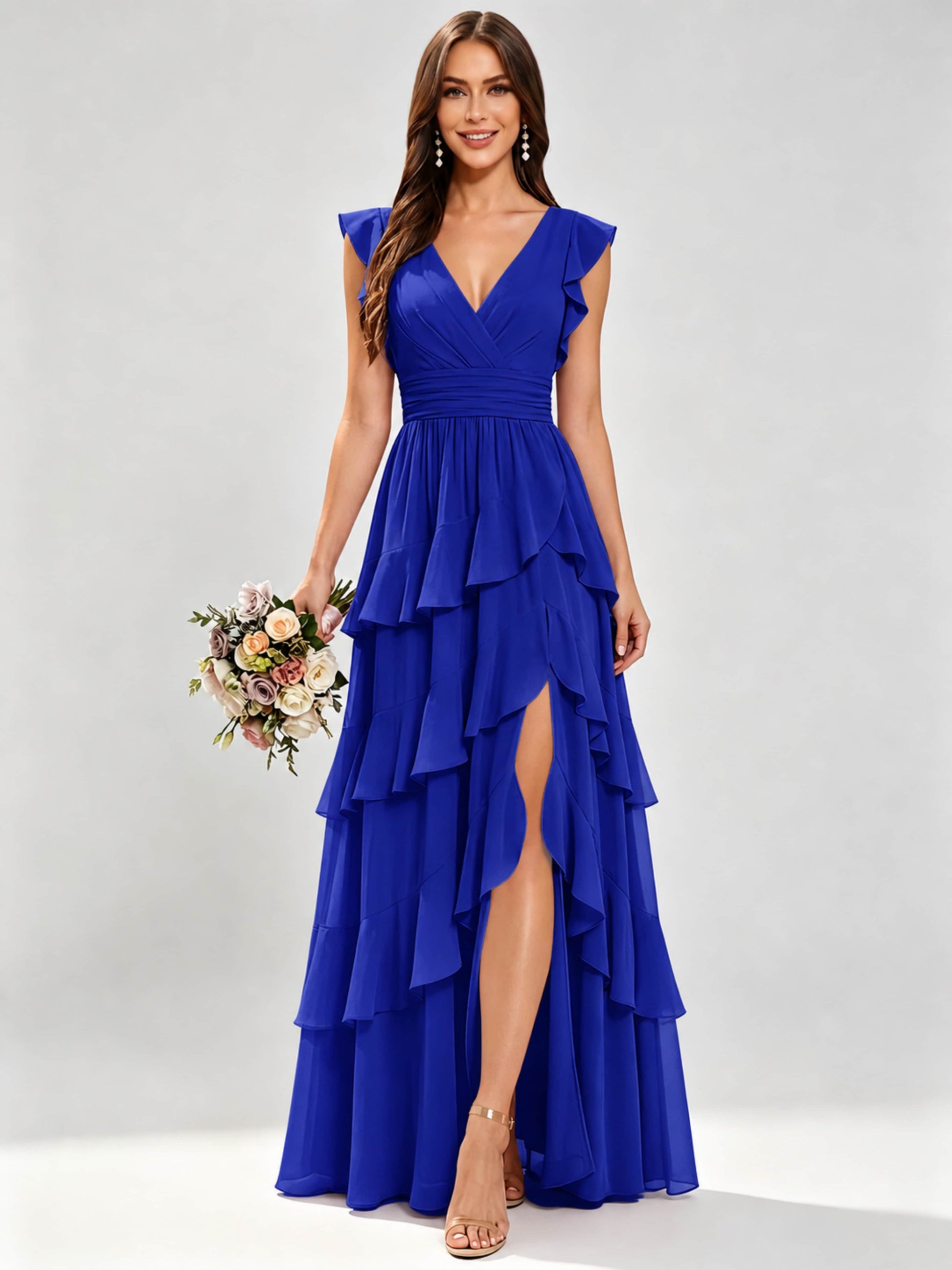 Ruffle Sleeve Tiered Chiffon Bridesmaid Dresses for Wedding with Slit