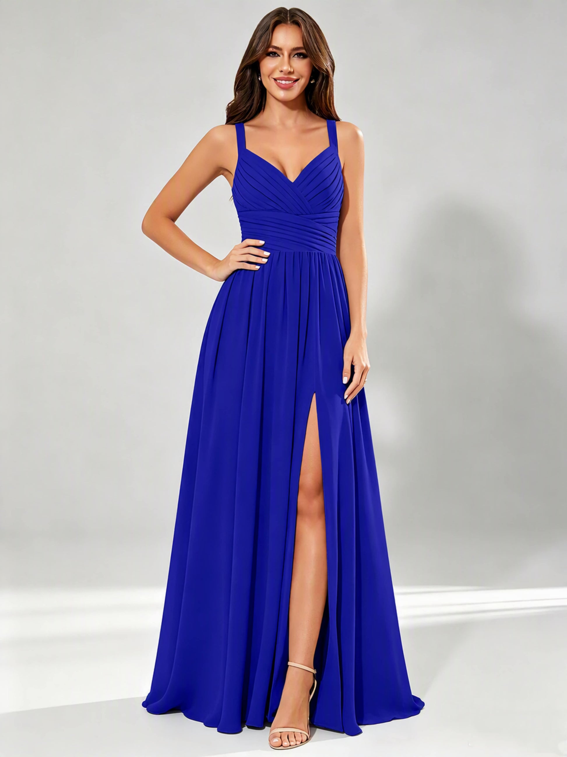Spaghetti Straps Chiffon Ruched Bust Pleated Bridesmaid Dress for Wedding