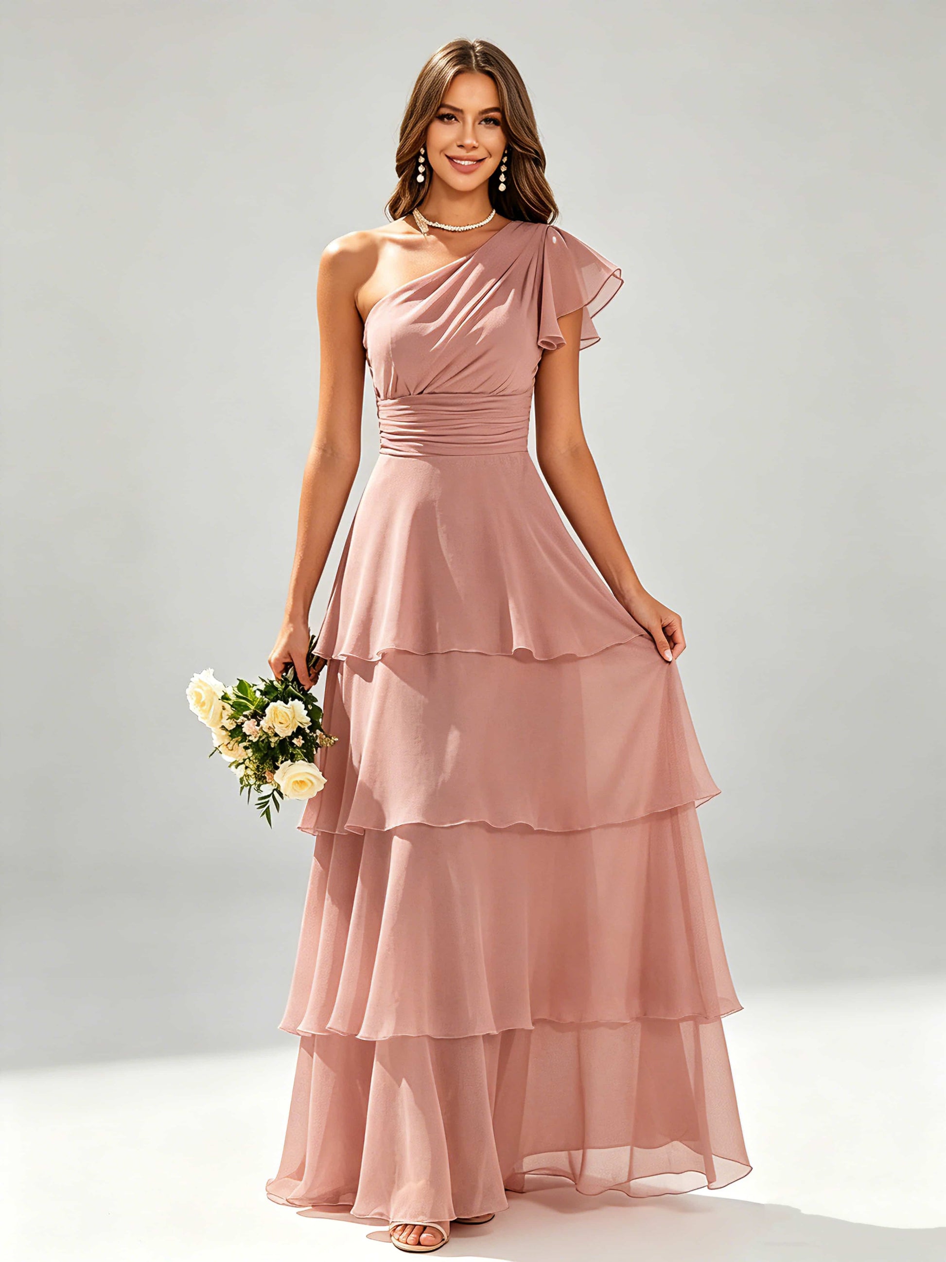 One Shoulder Ruffle Tiered Chiffon Bridesmaid Dress for Wedding
