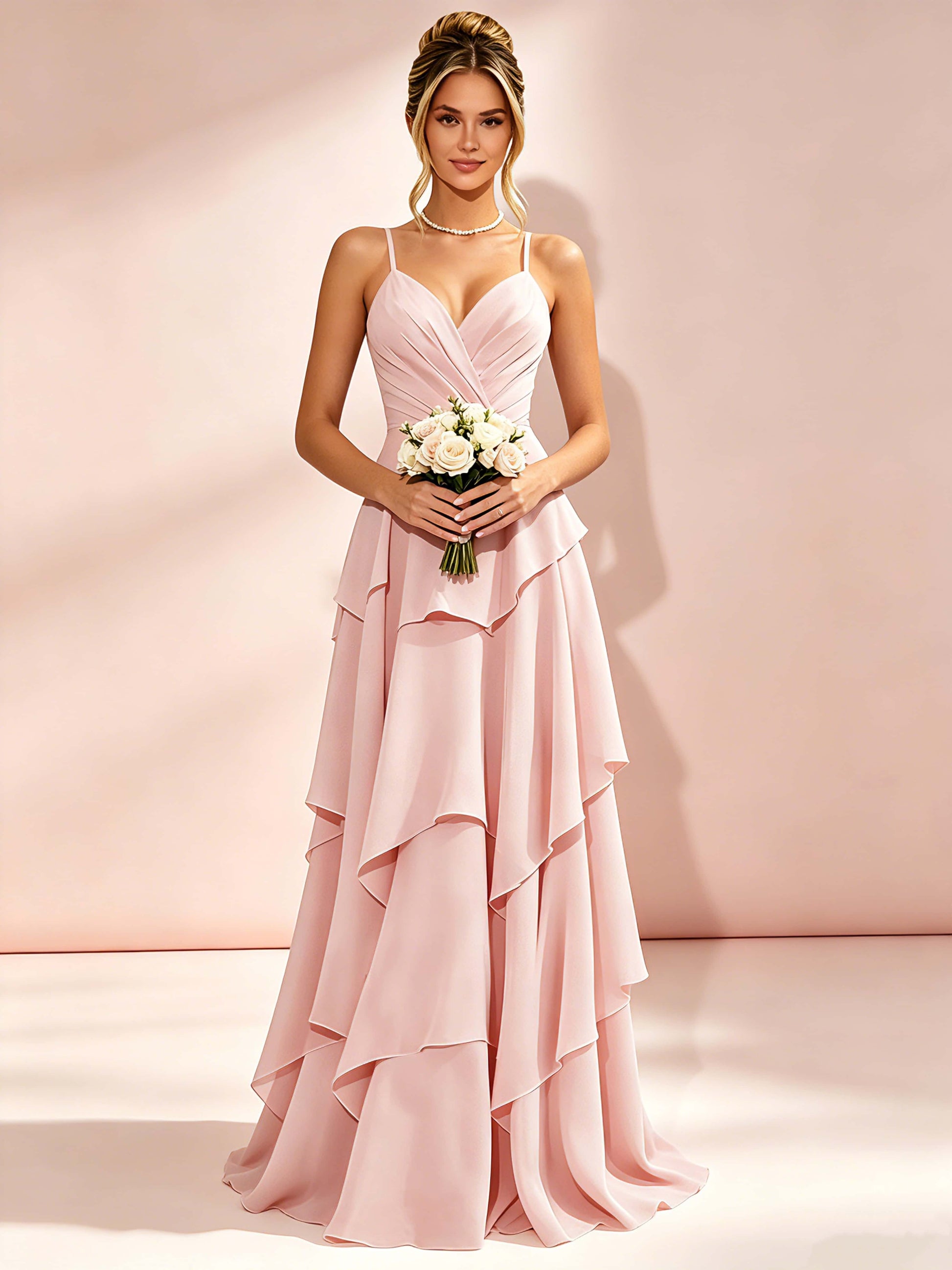 Spaghetti Straps Ruffle Tiered Chiffon Bridesmaid Dress for Wedding