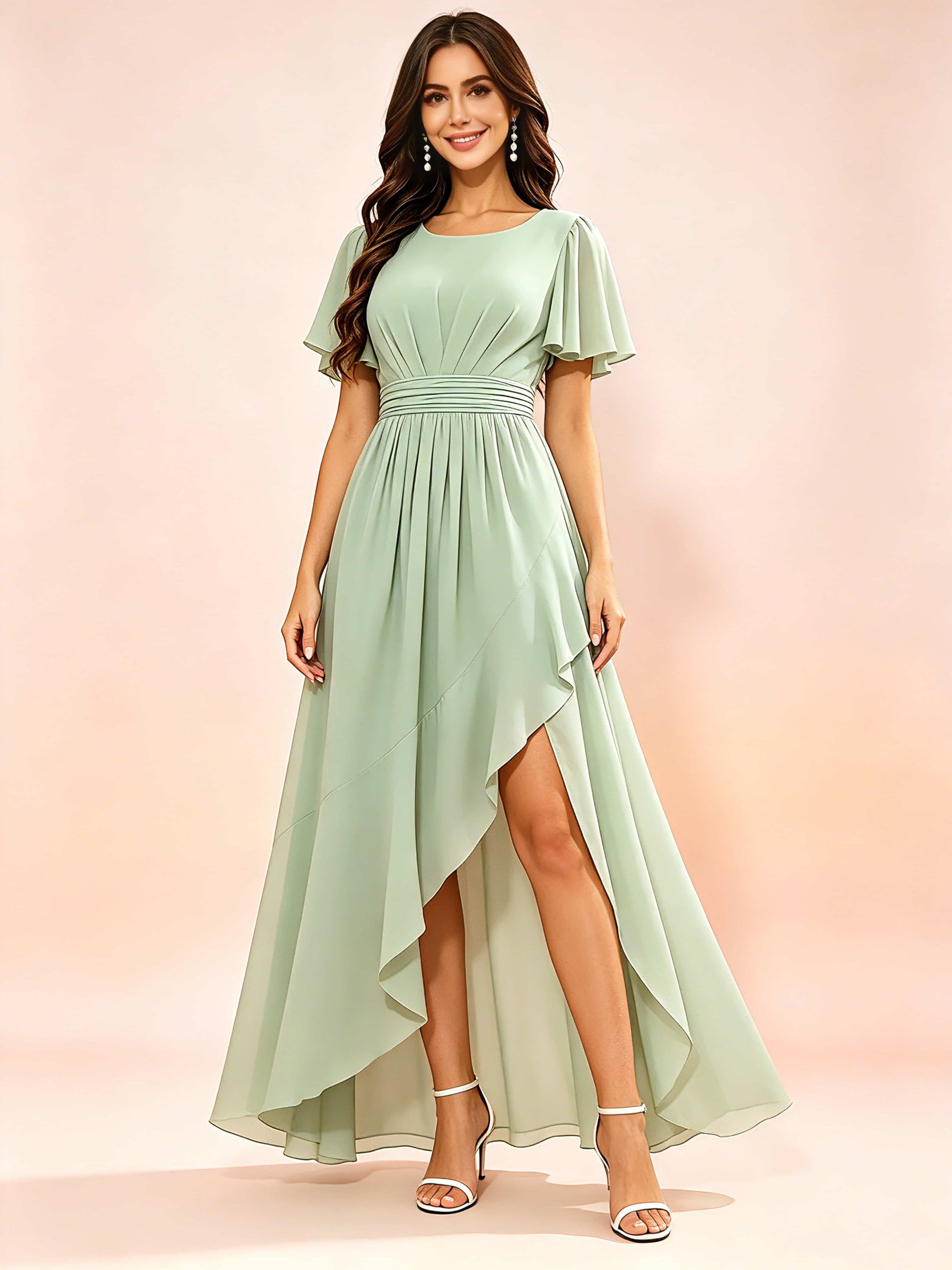 Chiffon High Low Round Neck Bridesmaid / Wedding Guest Dresses