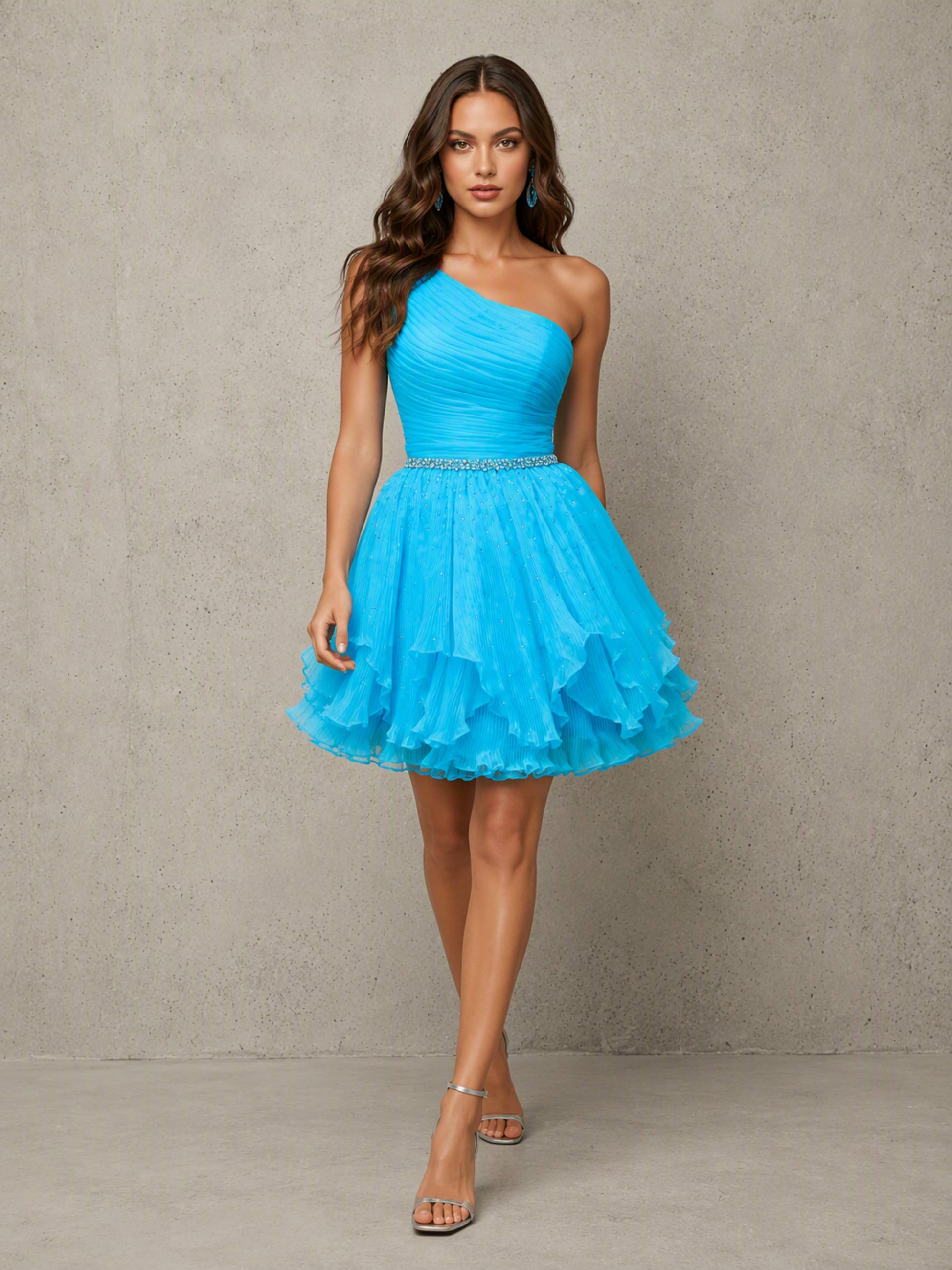 One Shoulder Tulle Puffy Ruffle Homecoming Dress