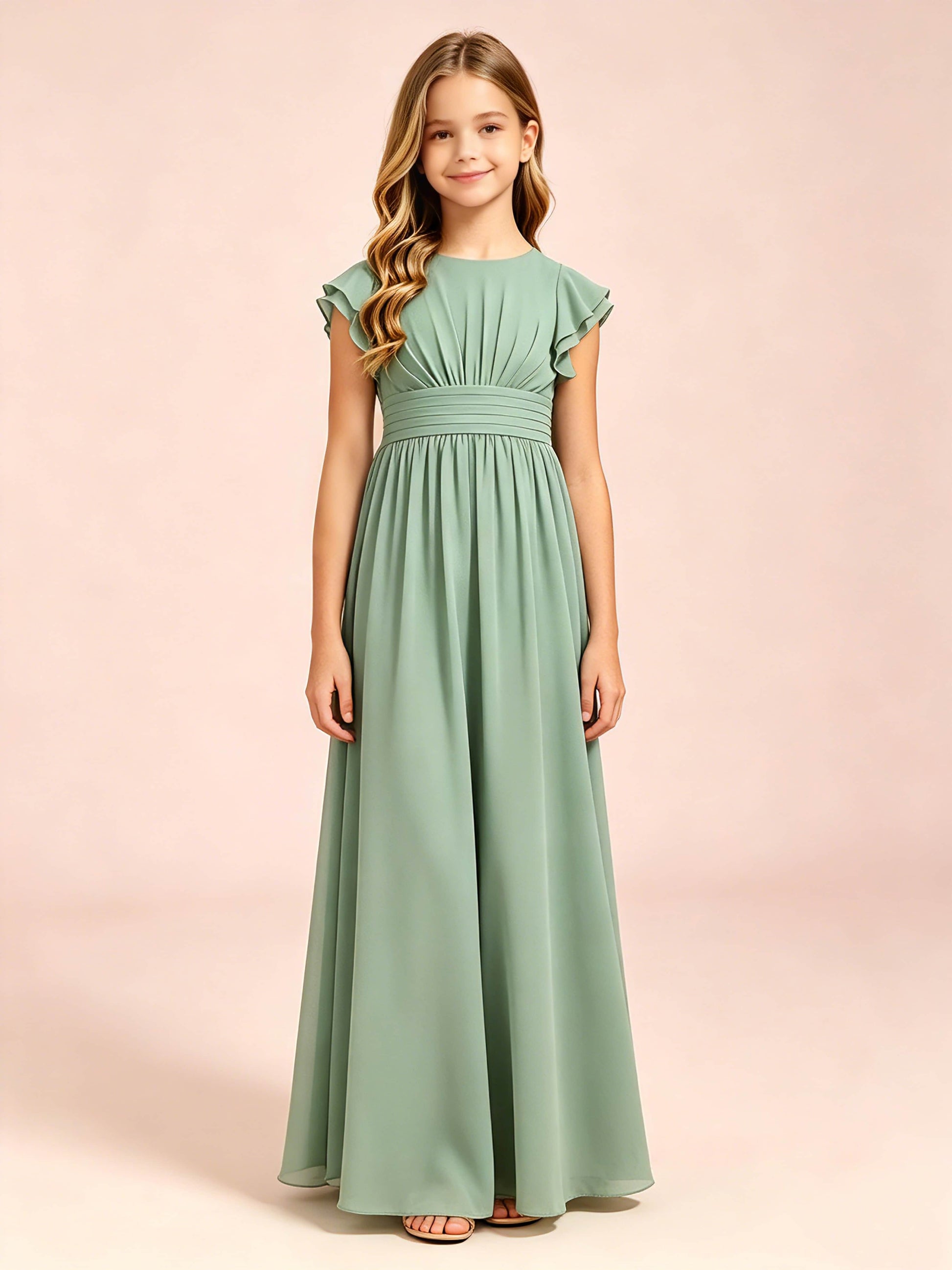 Chiffon Ruffle Cap Sleeve Junior Bridesmaid Dress for Wedding