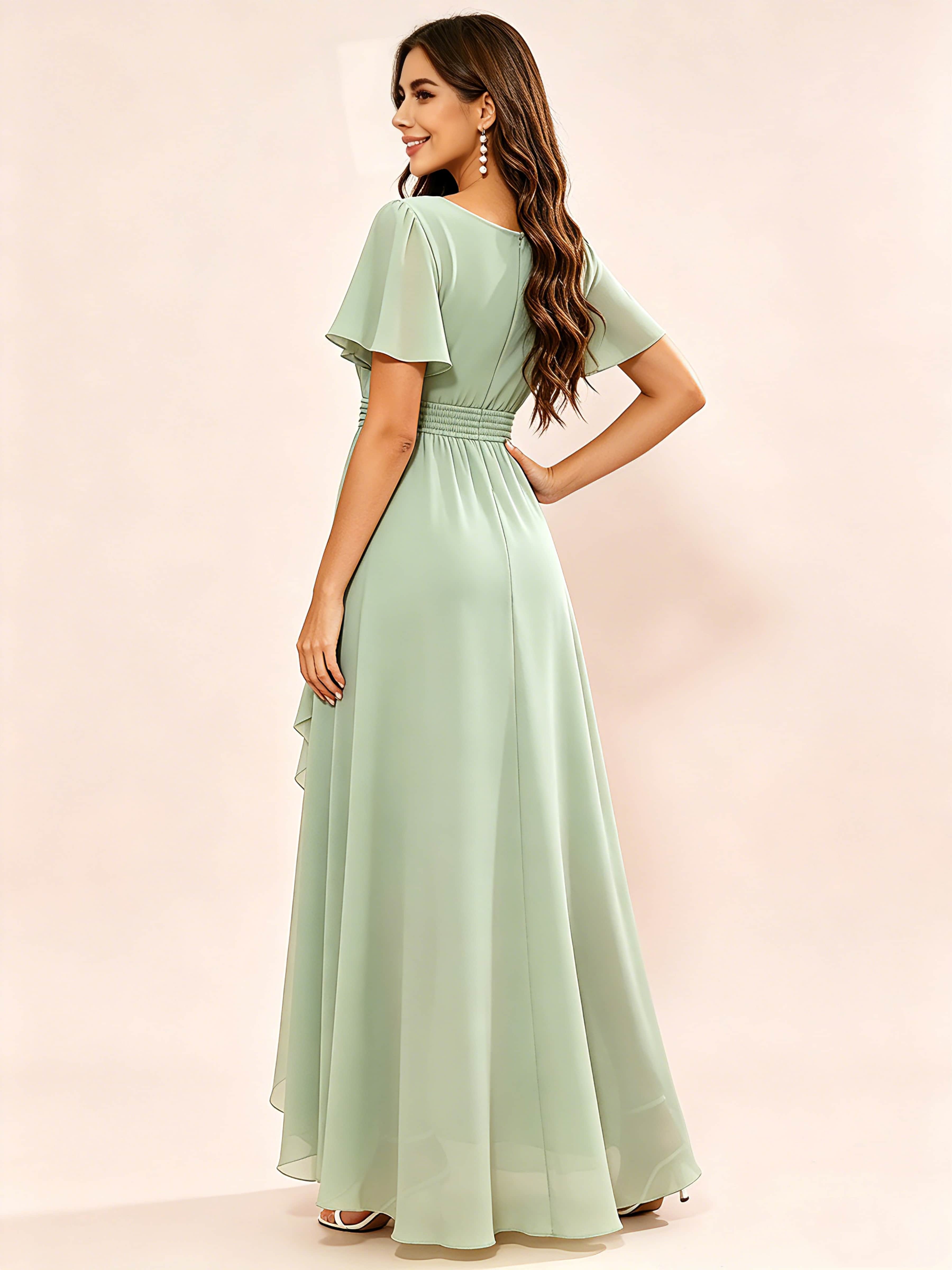 Chiffon High Low Round Neck Bridesmaid / Wedding Guest Dresses
