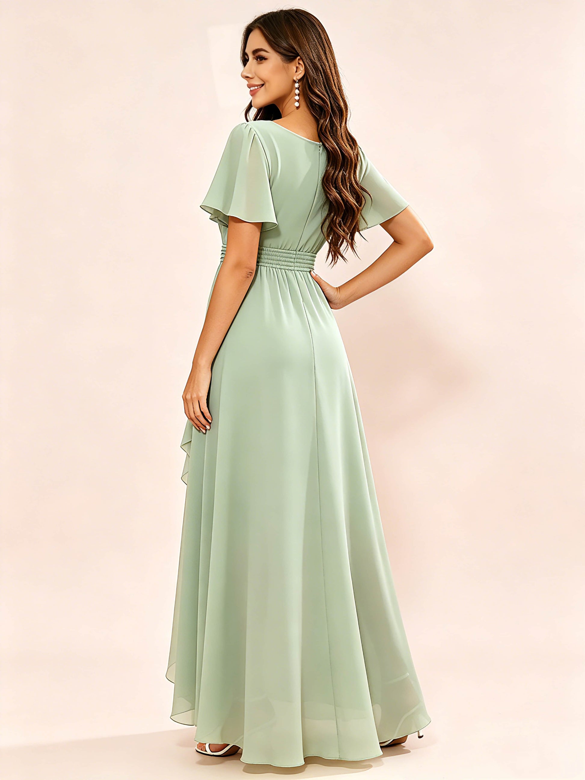 Chiffon High Low Round Neck Bridesmaid / Wedding Guest Dresses