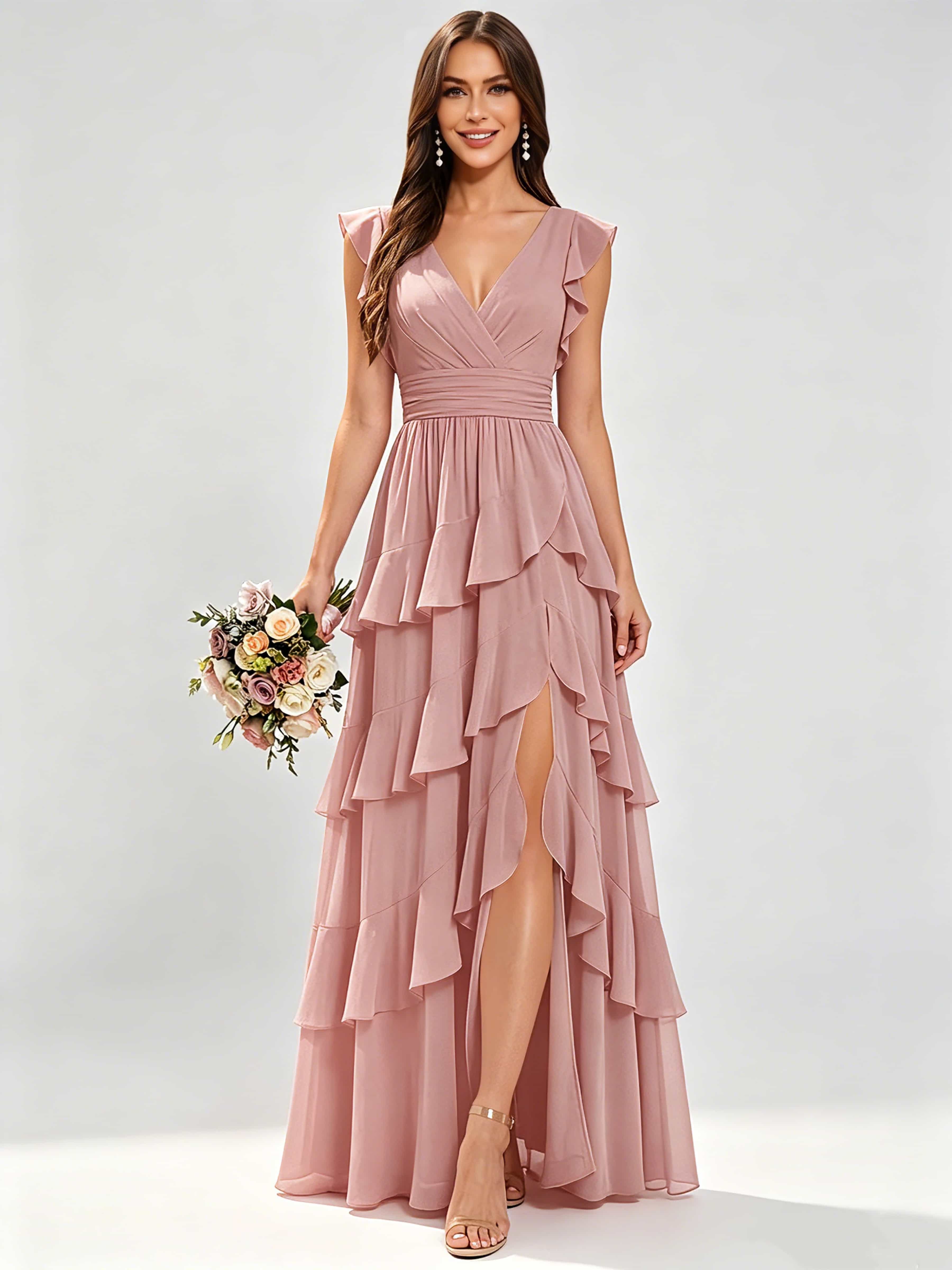 Ruffle Sleeve Tiered Chiffon Bridesmaid Dresses for Wedding with Slit