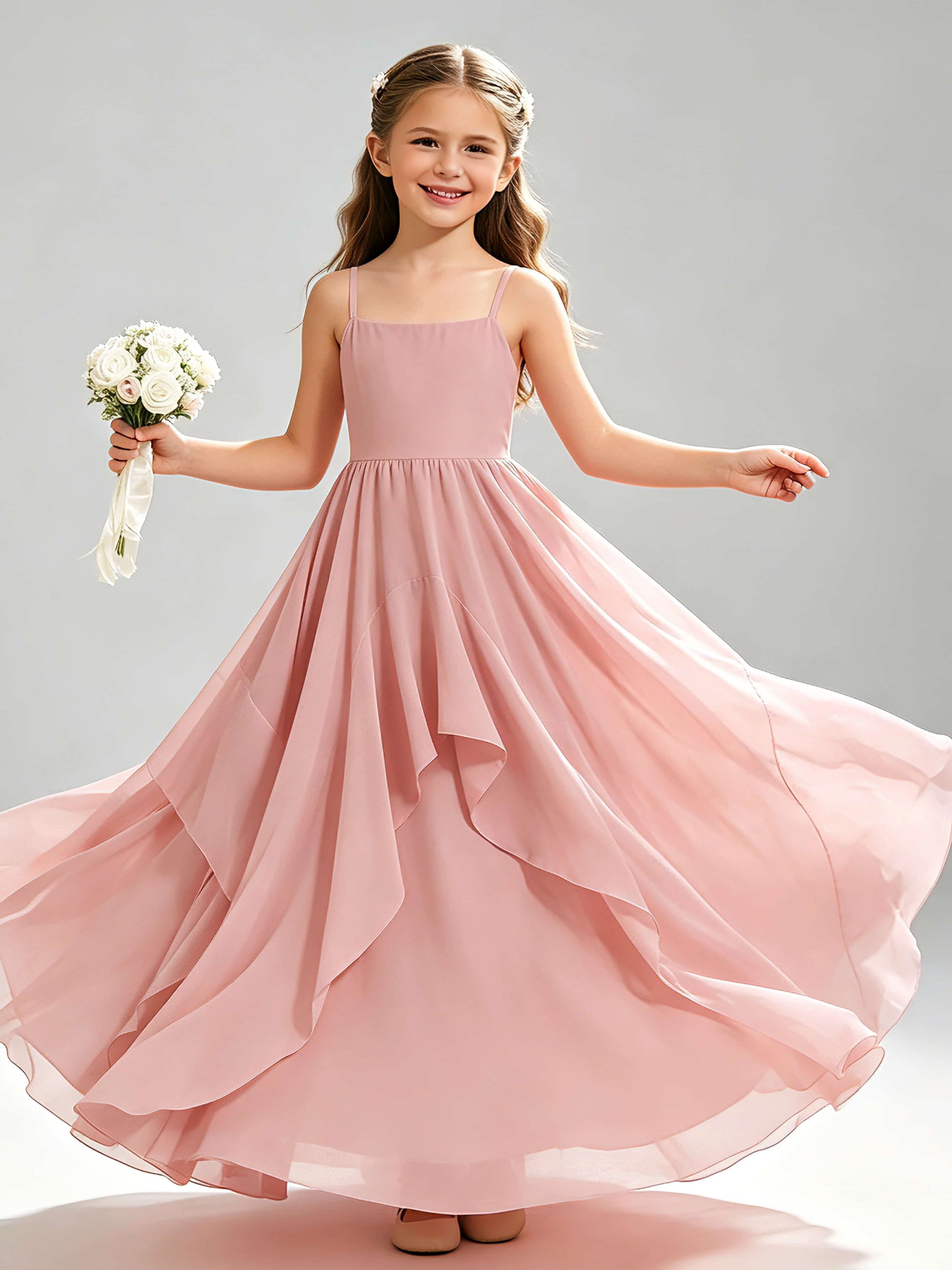 A-Line Spaghetti Straps Ruffle Junior Bridesmaid Dresses