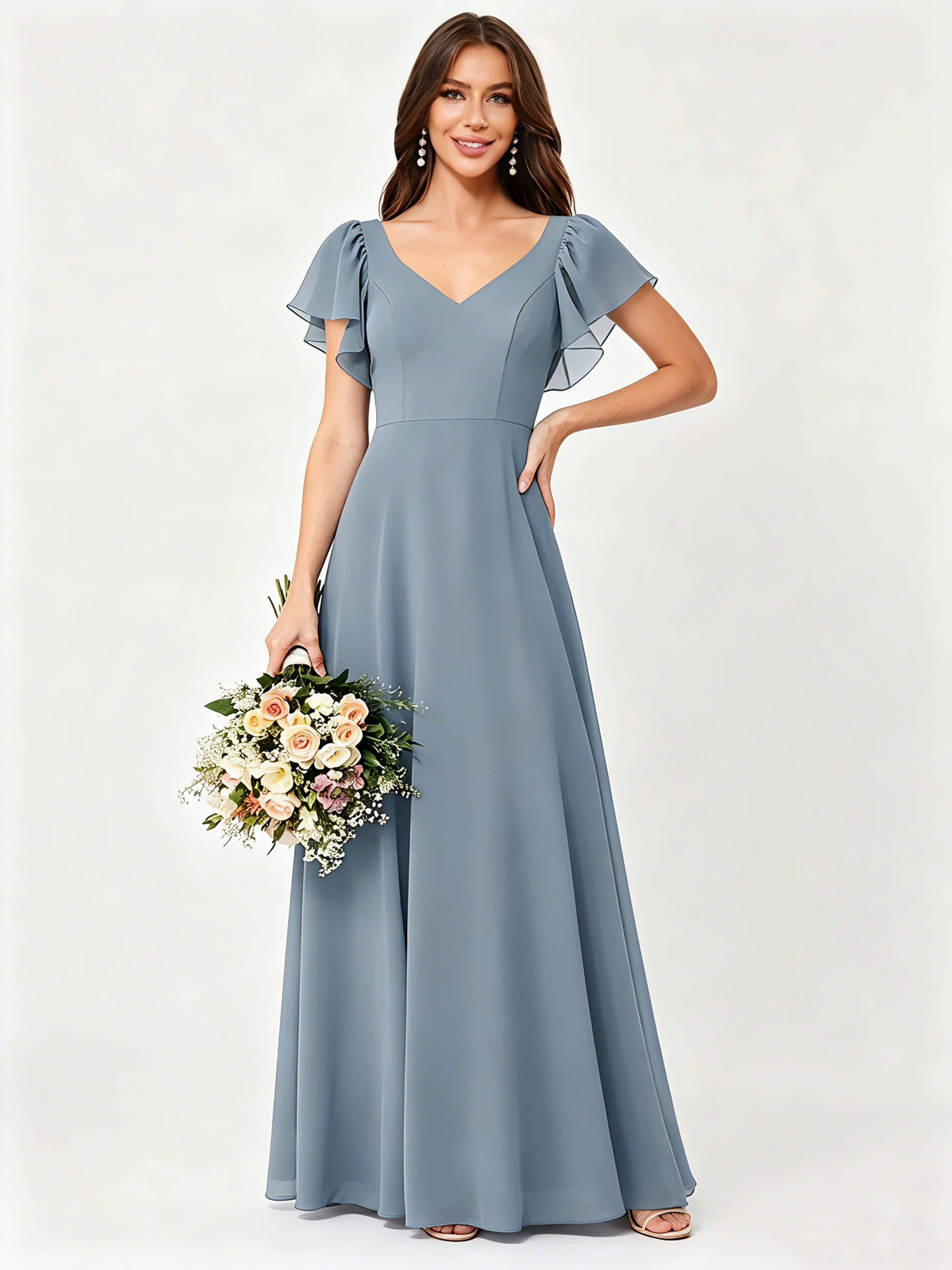 Ruffle Sleeve Chiffon Bridesmaid Dresses for Women Wedding