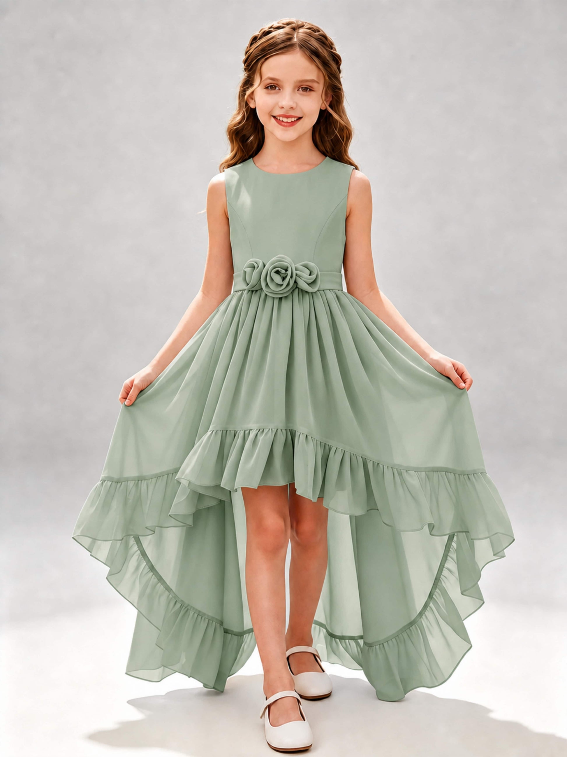 Chiffon 3D Flower High Low Junior Bridesmaid Dresses