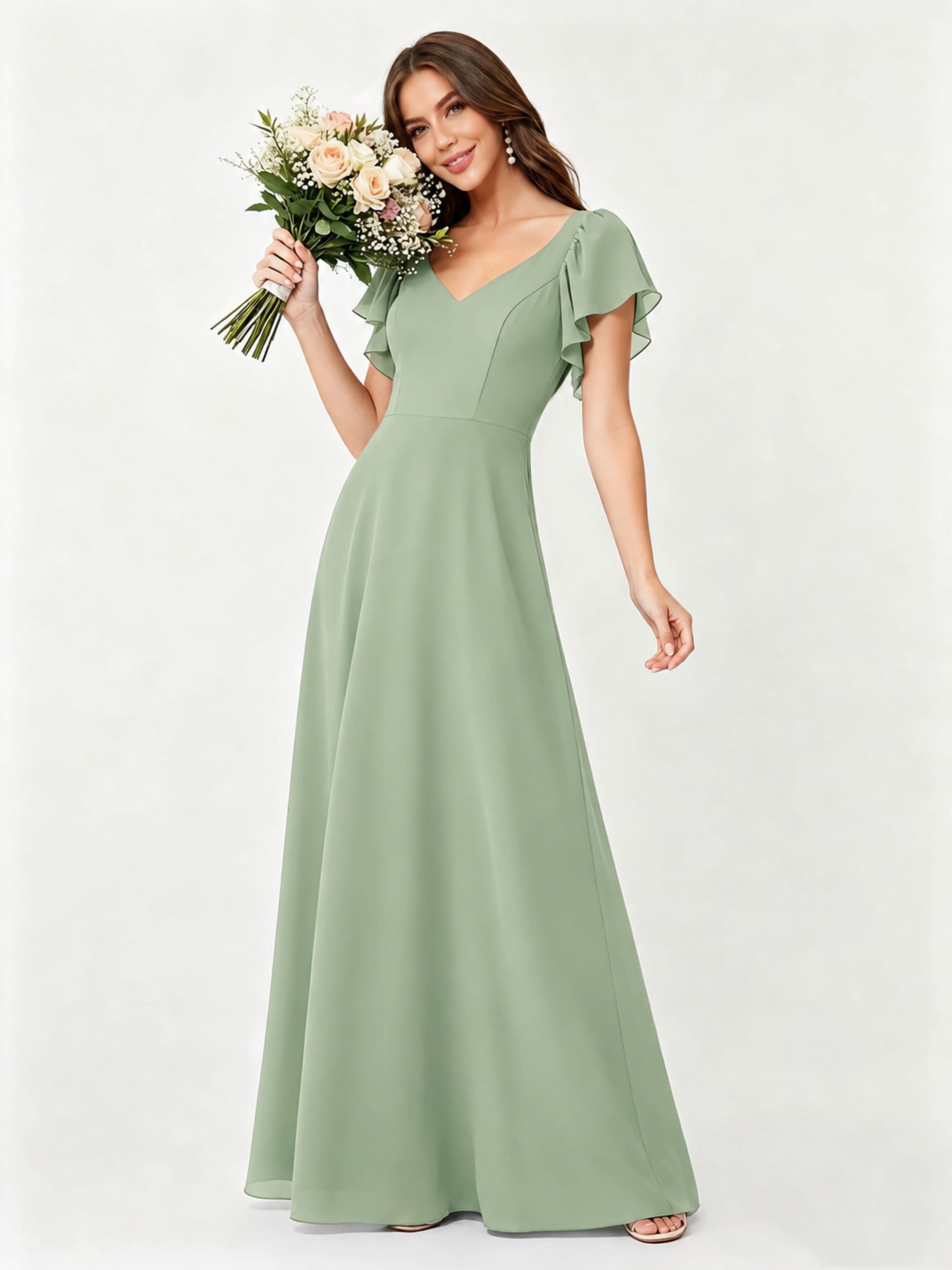 Ruffle Sleeve Chiffon Bridesmaid Dresses for Women Wedding