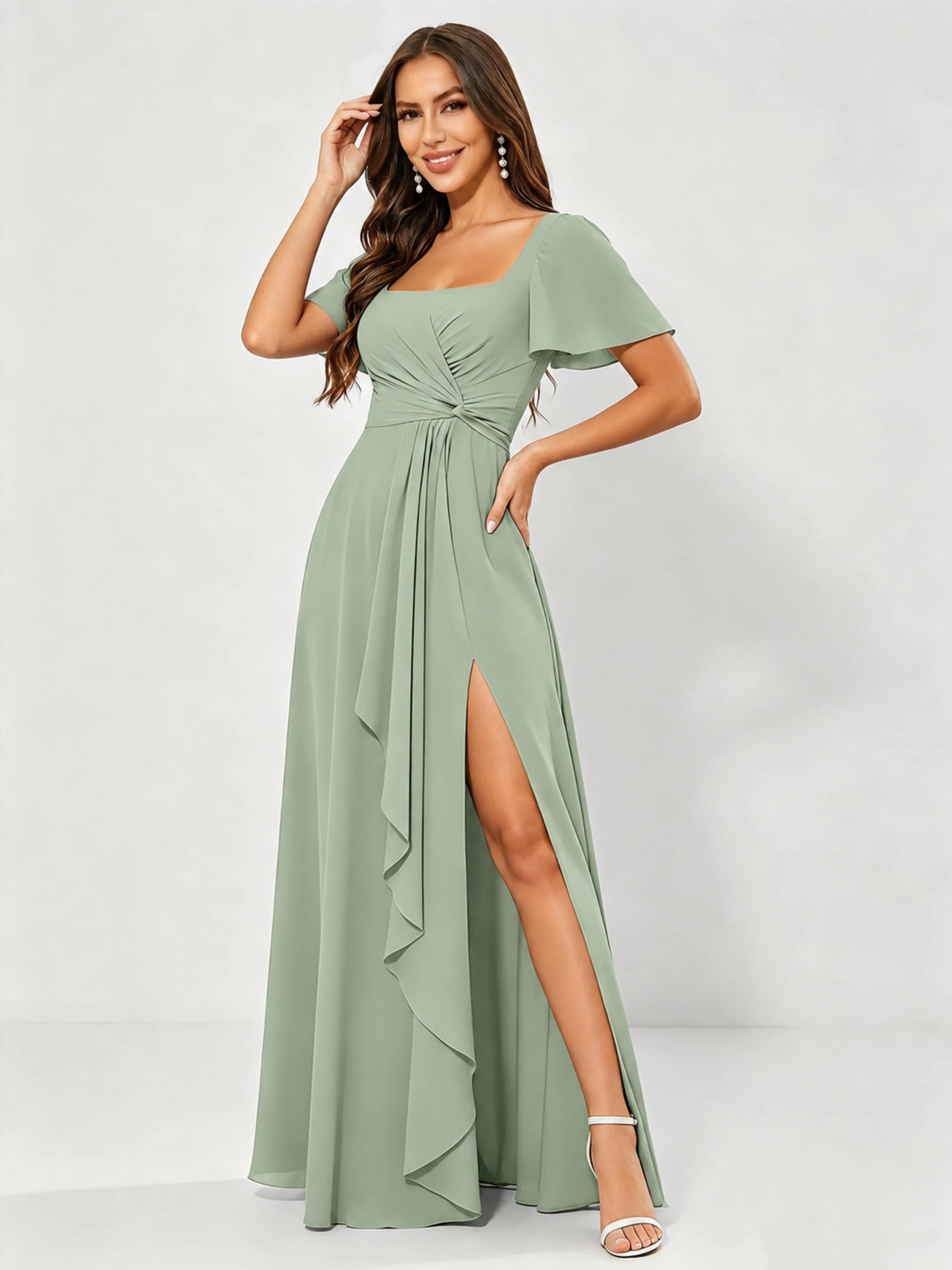 Square Neck Chiffon Ruffle Bridesmaid Dress with Slit