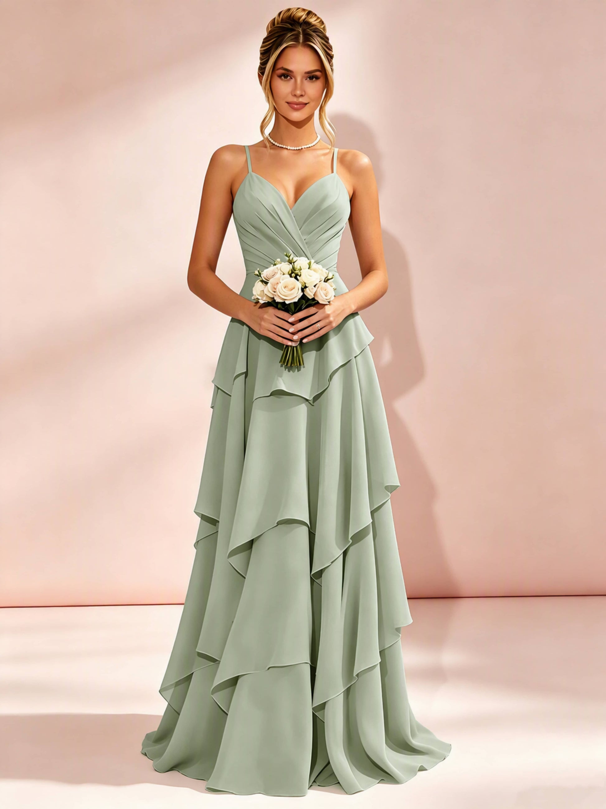 Spaghetti Straps Ruffle Tiered Chiffon Bridesmaid Dress for Wedding