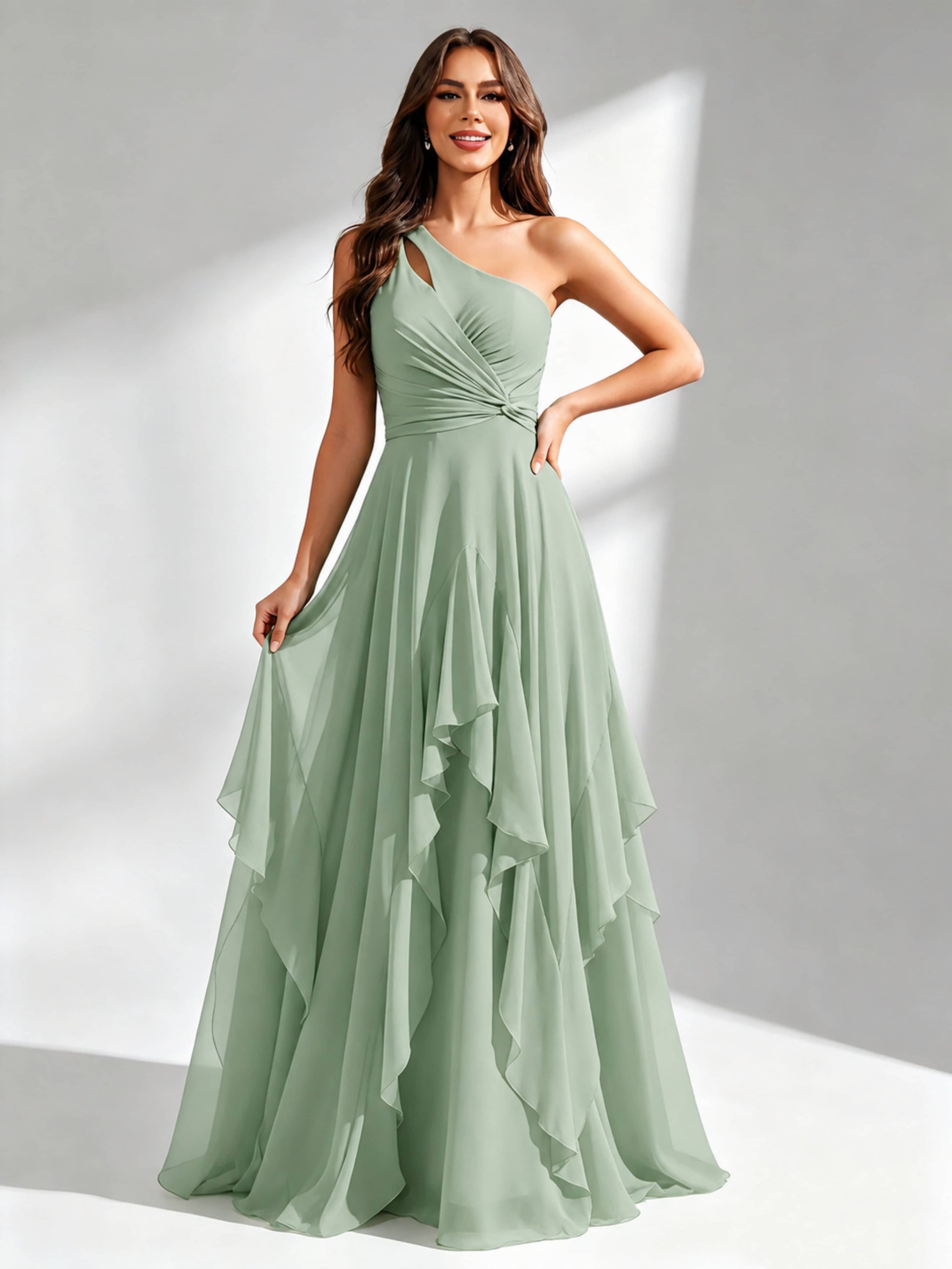 One Shoulder Ruffle Bridesmaid Dresses Formal Evening Gown