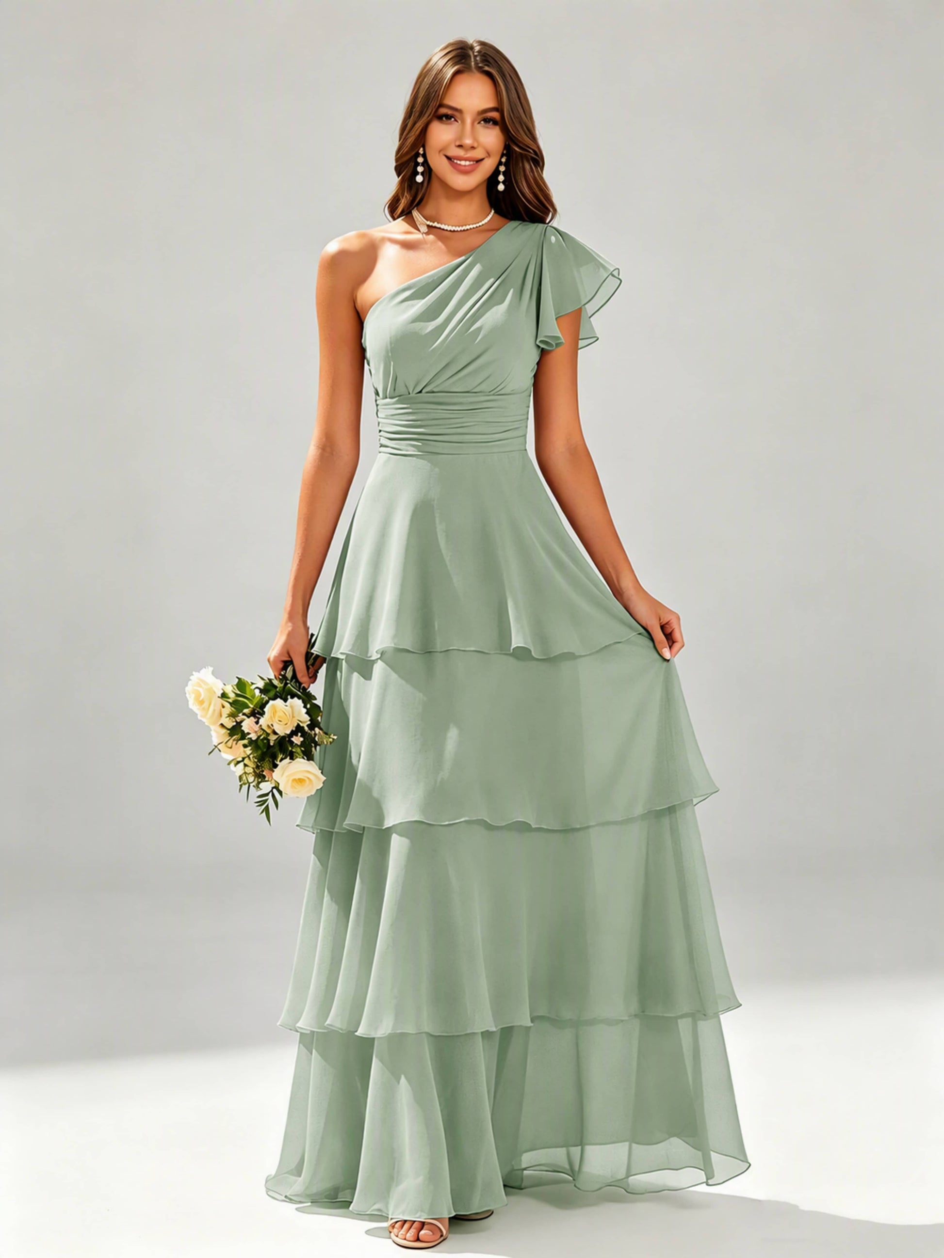 One Shoulder Ruffle Tiered Chiffon Bridesmaid Dress for Wedding