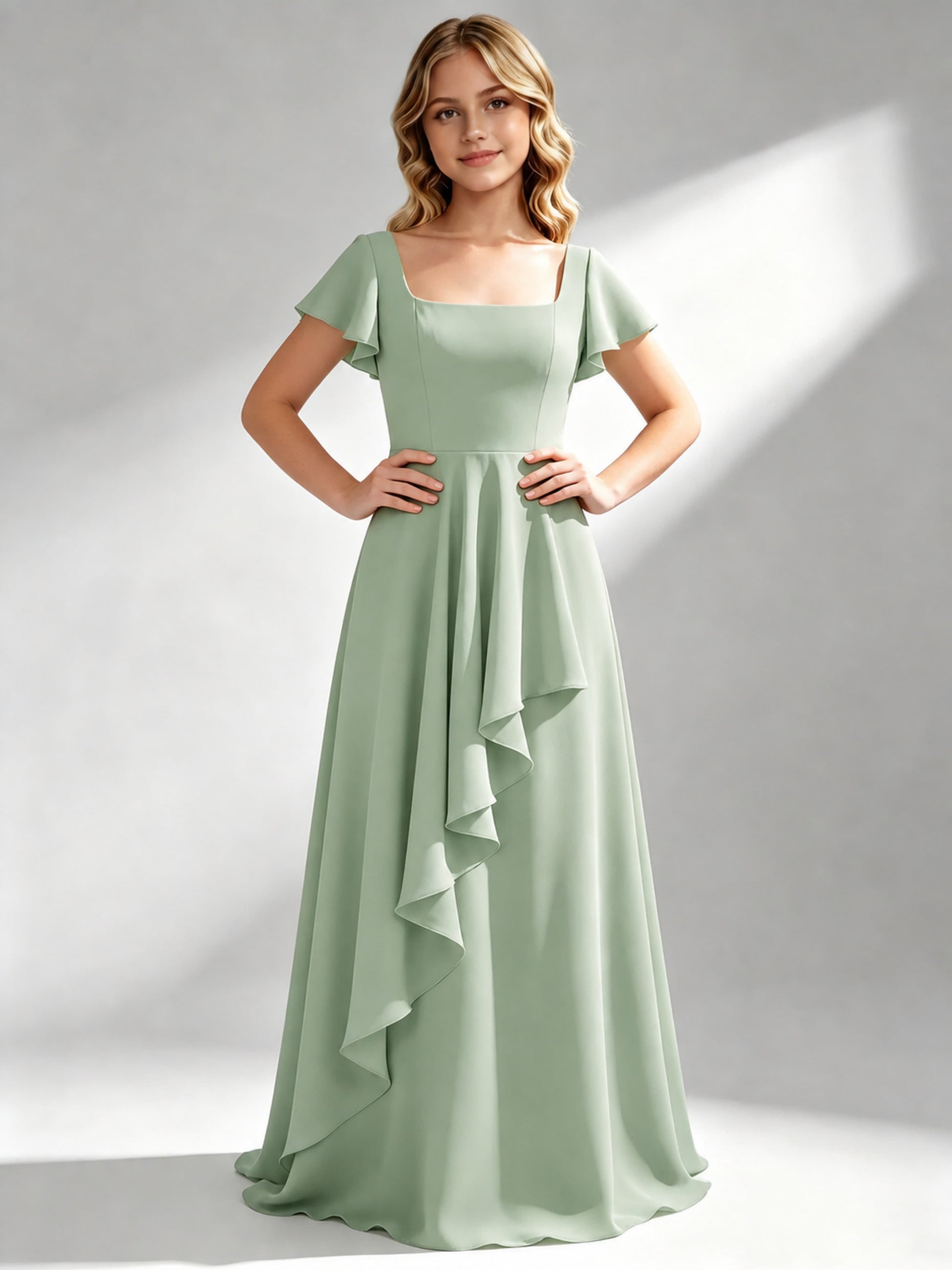 A-Line Square Neck Ruffle Junior Bridesmaid Dresses